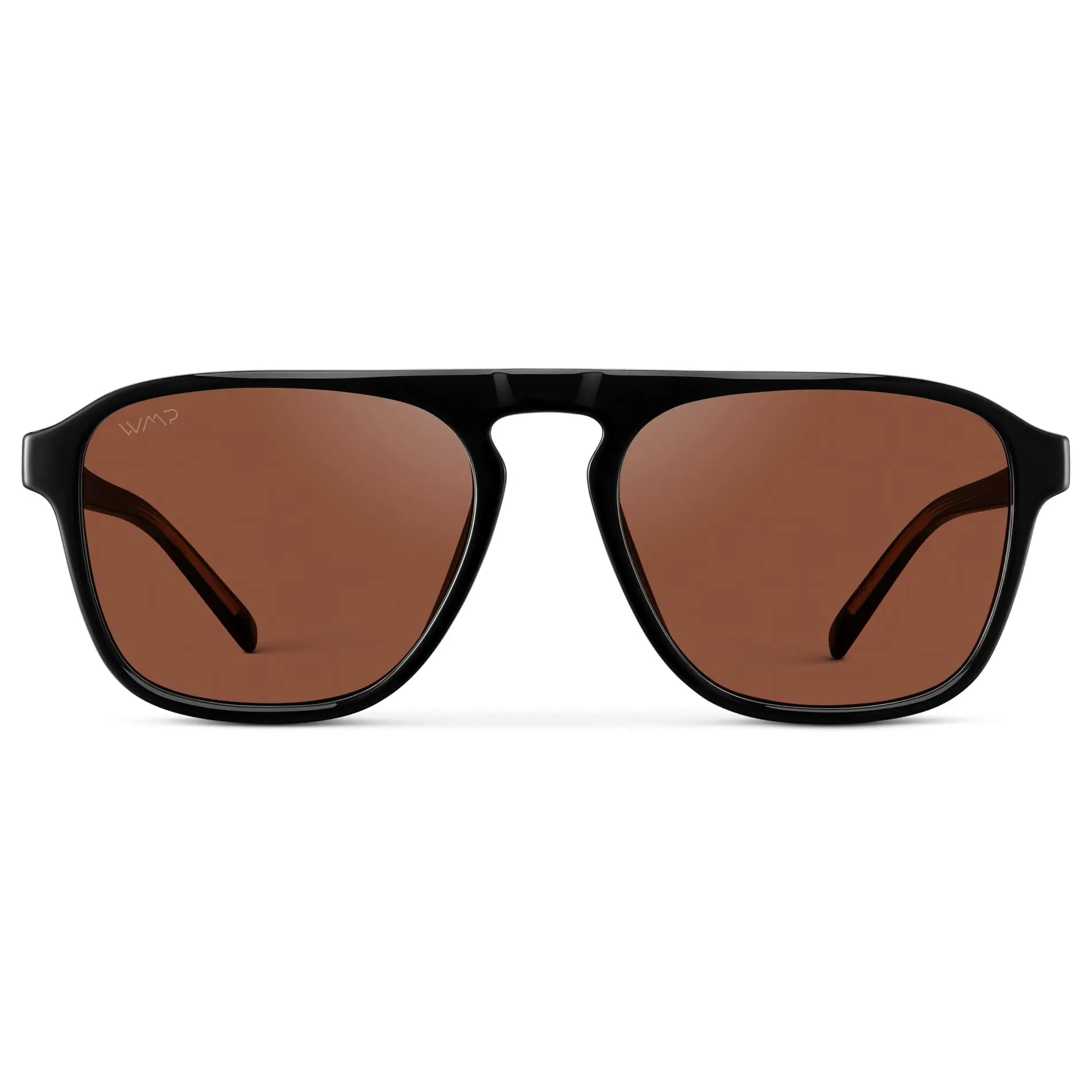Black / Red Tinted Lens || Front view of Single Bridge Aviator Men's Sunglasses with Black Frame and Red Tinted Lenses on a white background