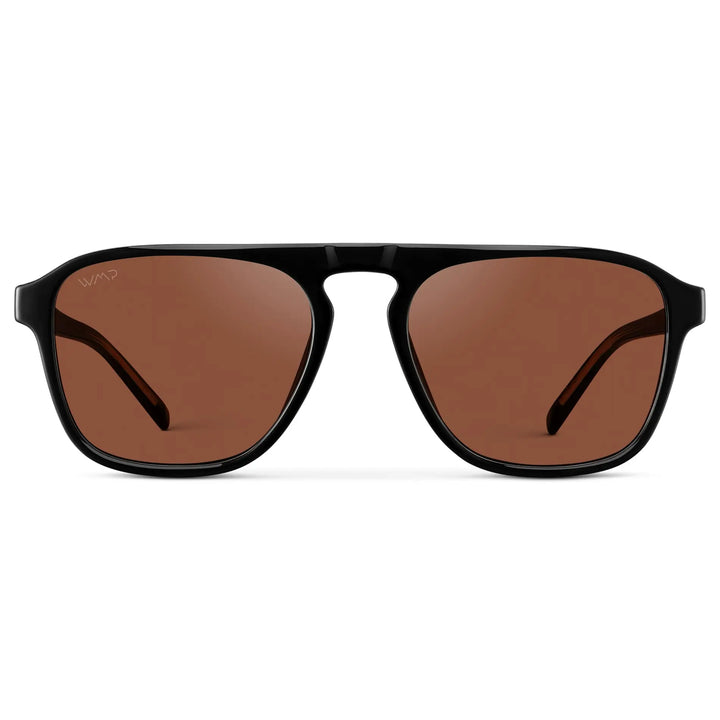 Black / Red Tinted Lens || Front view of Single Bridge Aviator Men's Sunglasses with Black Frame and Red Tinted Lenses on a white background