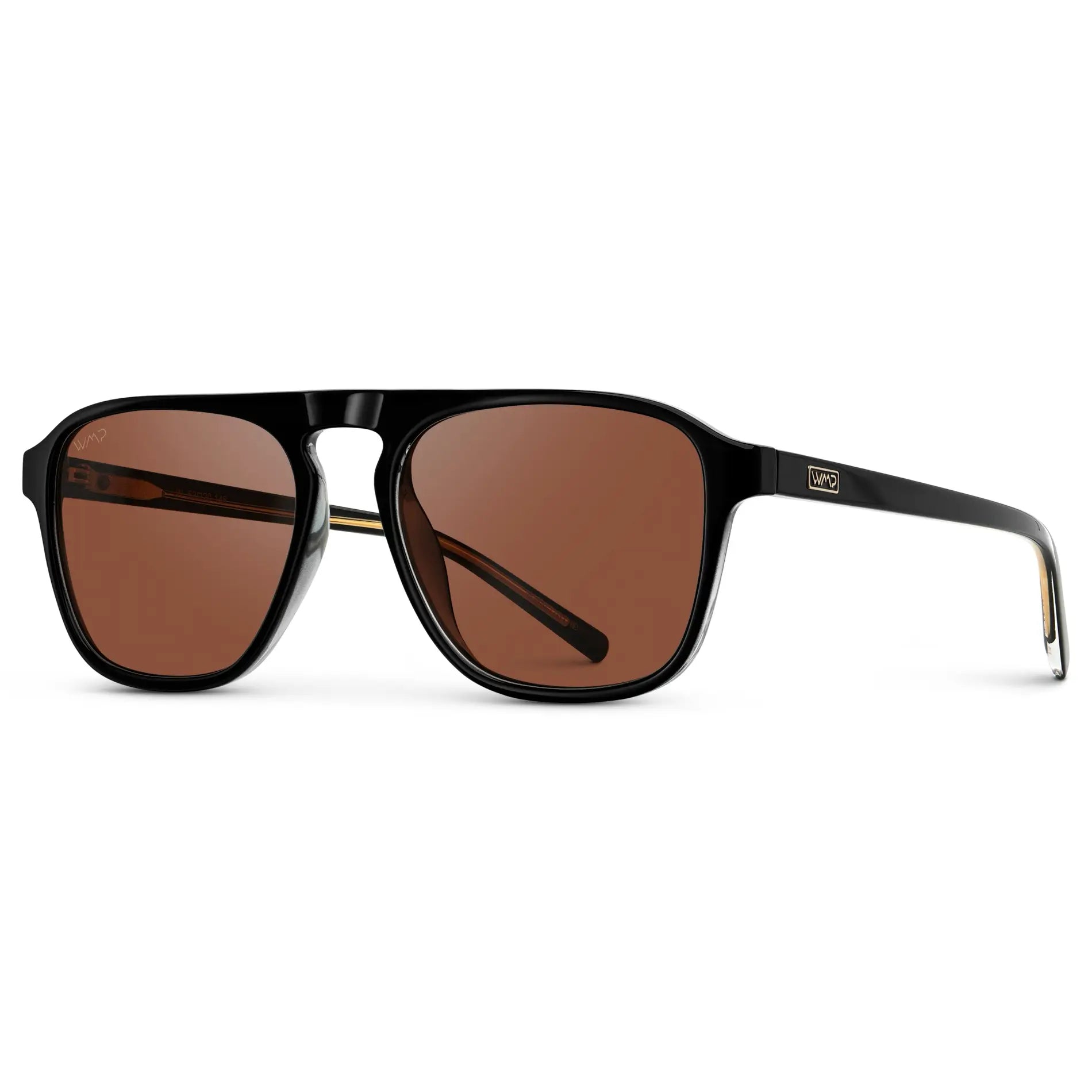 Black / Red Tinted Lens || Side view of Single Bridge Aviator Men's Sunglasses with Black Frame and Red Tinted Lenses on a white background