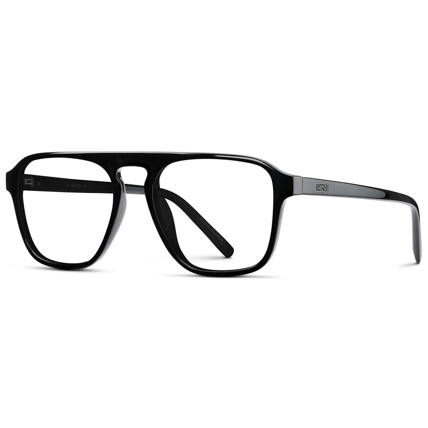 Black || Side view of Men's Aviator Prescription Glasses with Black Frame and Clear Lenses on a white background