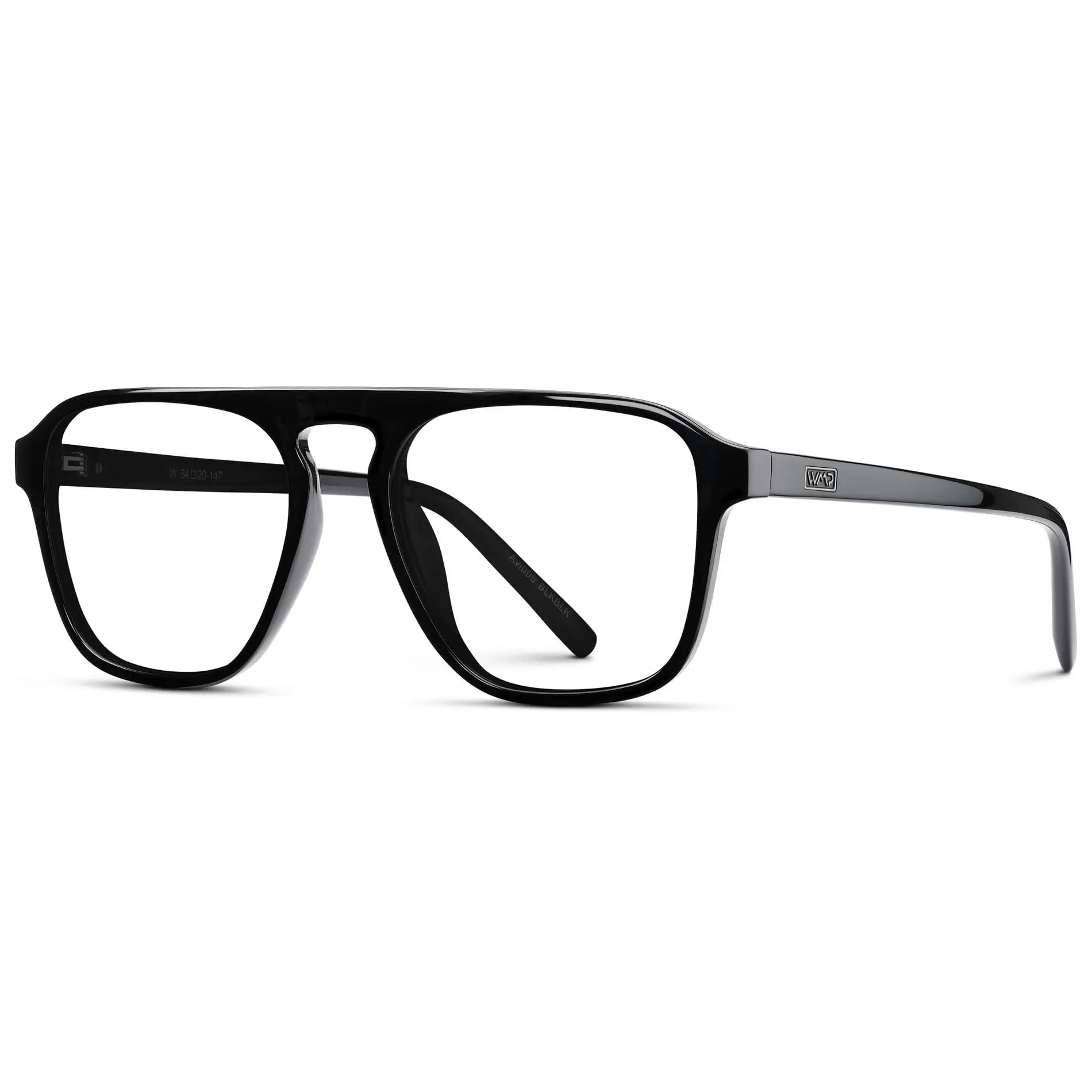 Black || Side view of Men's Aviator Prescription Glasses with Black Frame and Clear Lenses on a white background