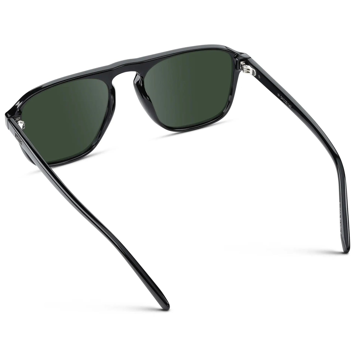 Black / G15 || Back view of Black Single Bridge Aviator Sunglasses with Green Prescription Lenses on a white background
