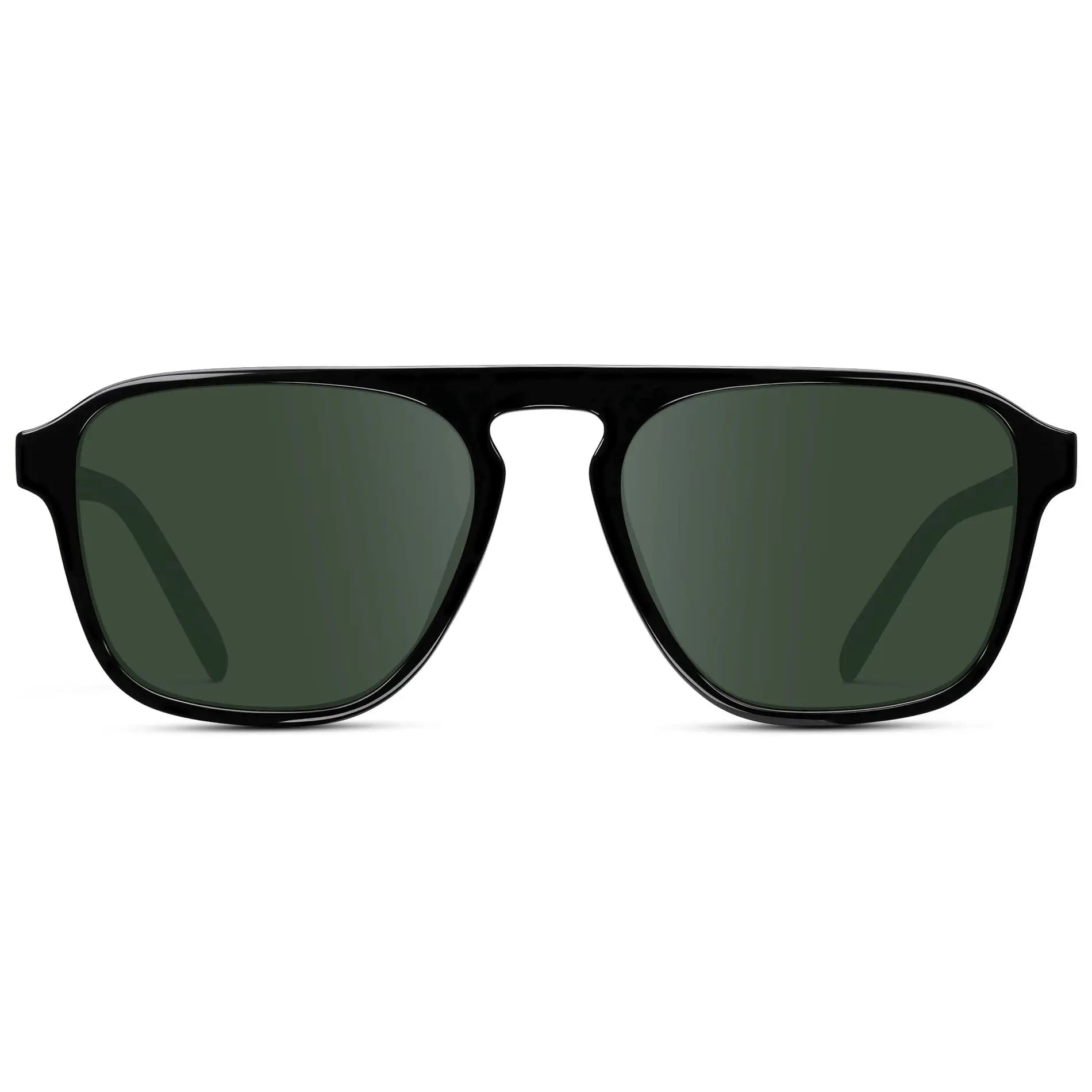 Black / G15 || Black Single Bridge Aviator Sunglasses with Green Prescription Lenses on a white background