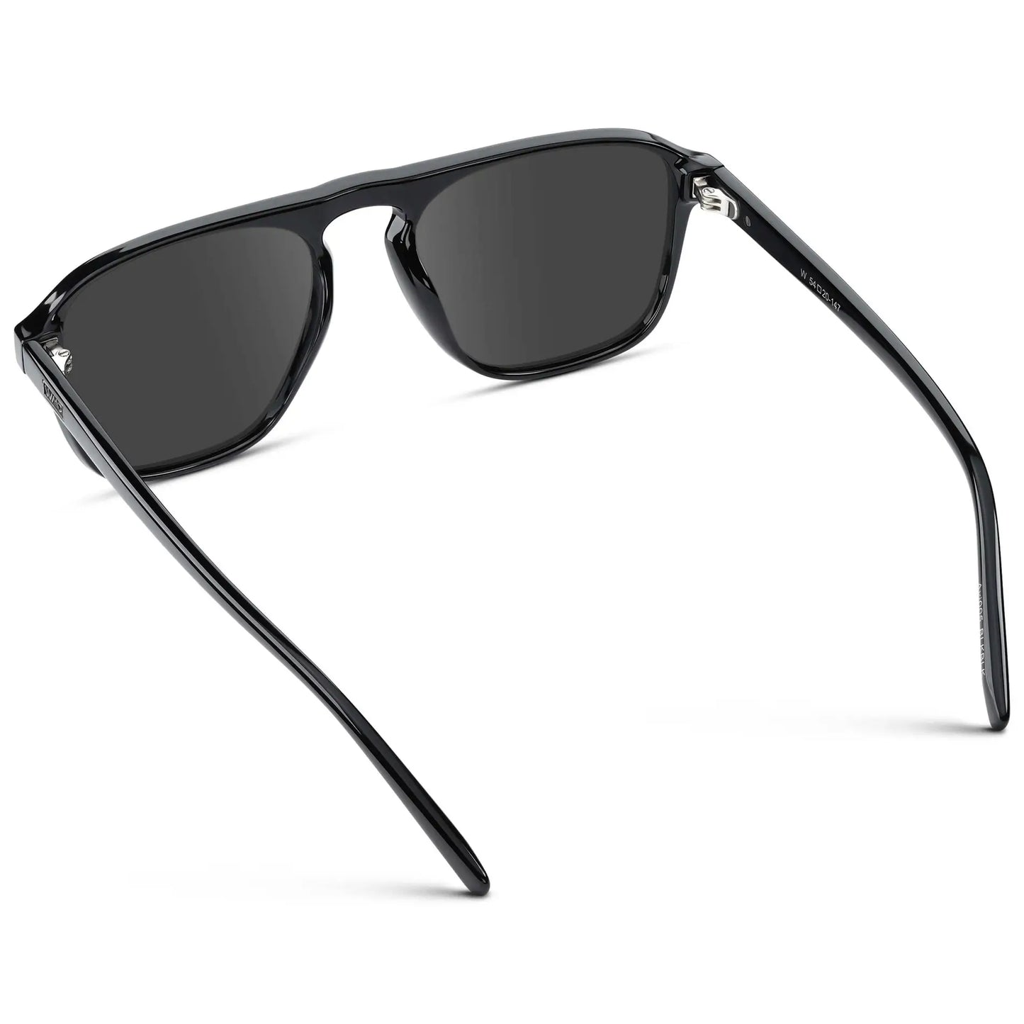 Black / Grey || Back view of Black Single Bridge Aviator Sunglasses with Grey Prescription Lenses on a white background