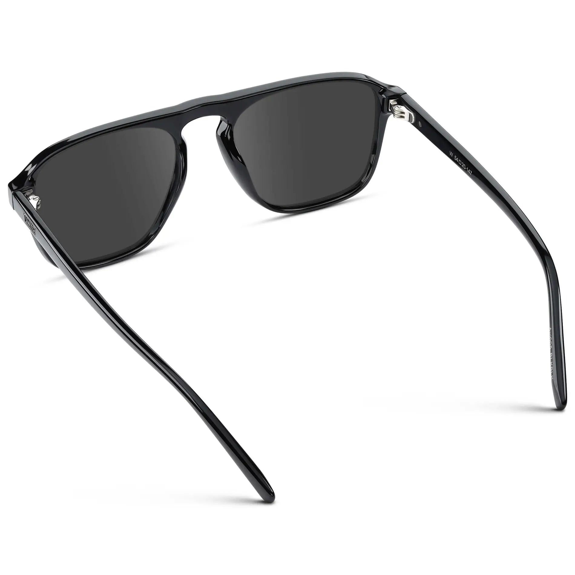 Black / Grey || Back view of Black Single Bridge Aviator Sunglasses with Grey Prescription Lenses on a white background