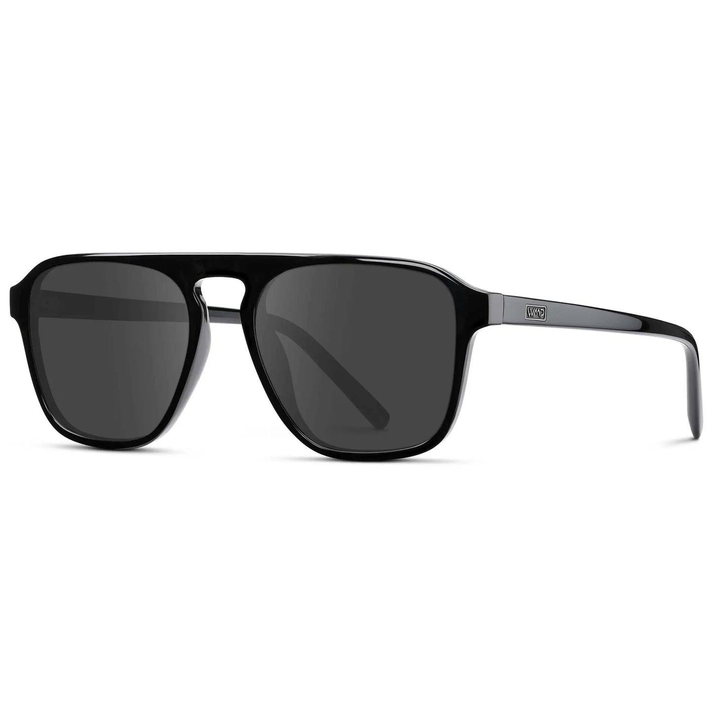 Black / Grey || Side view of Black Single Bridge Aviator Sunglasses with Grey Prescription Lenses on a white background