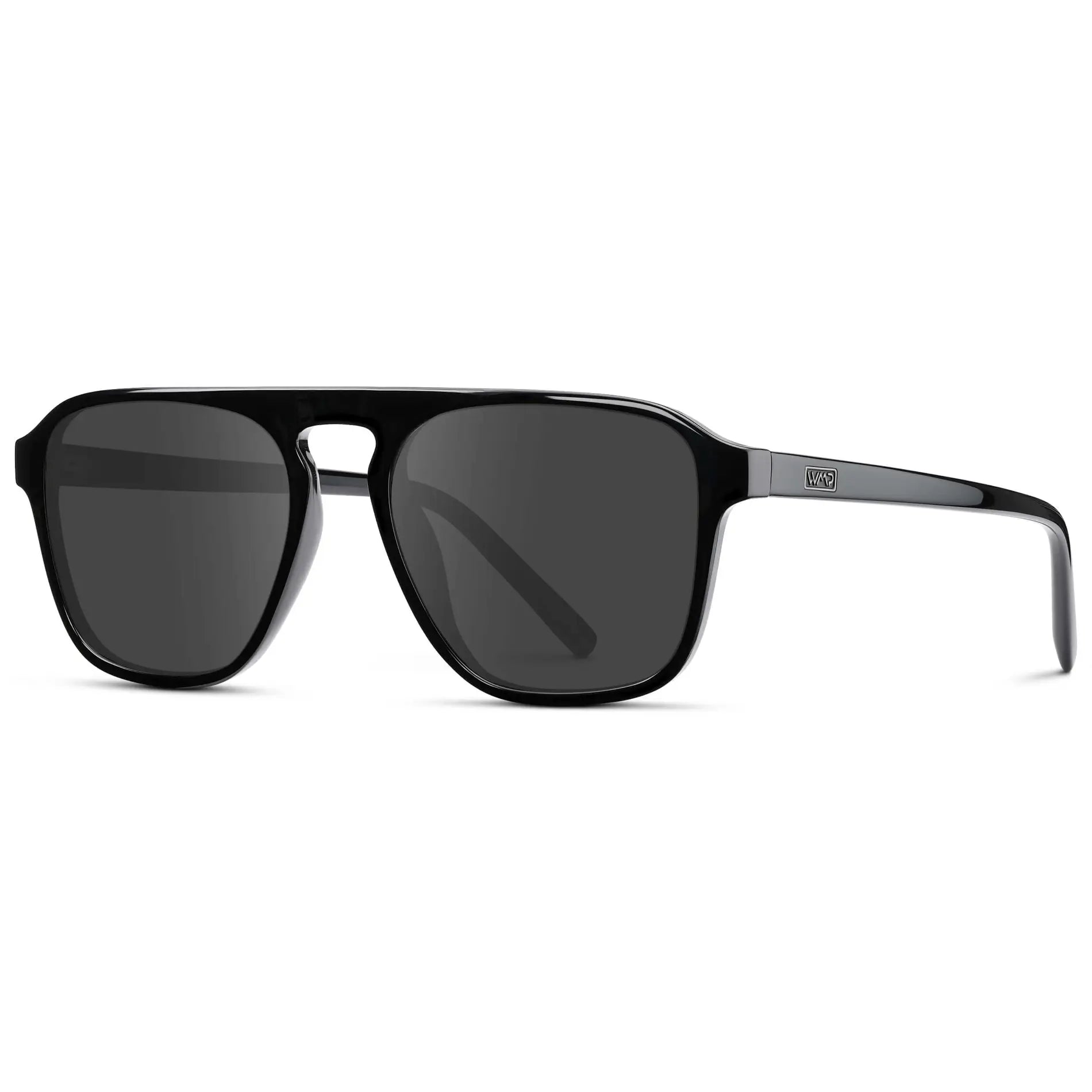 Black / Grey || Side view of Black Single Bridge Aviator Sunglasses with Grey Prescription Lenses on a white background