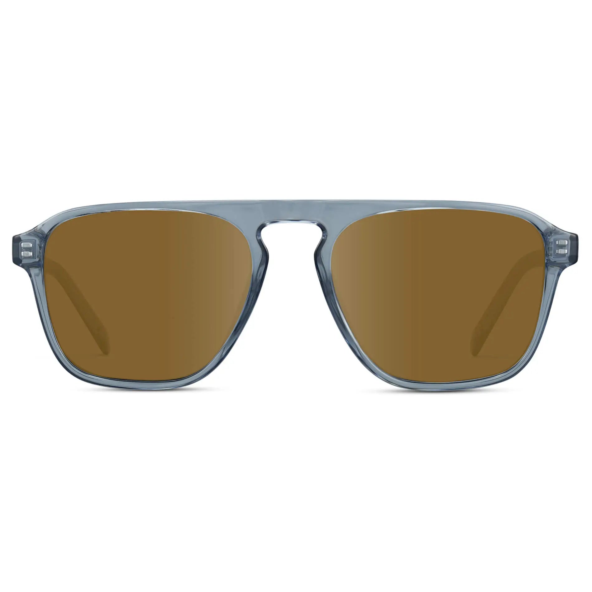 Denim Blue / Amber || Blue Single Bridge Aviator Sunglasses with Brown Prescription Lenses on a white background