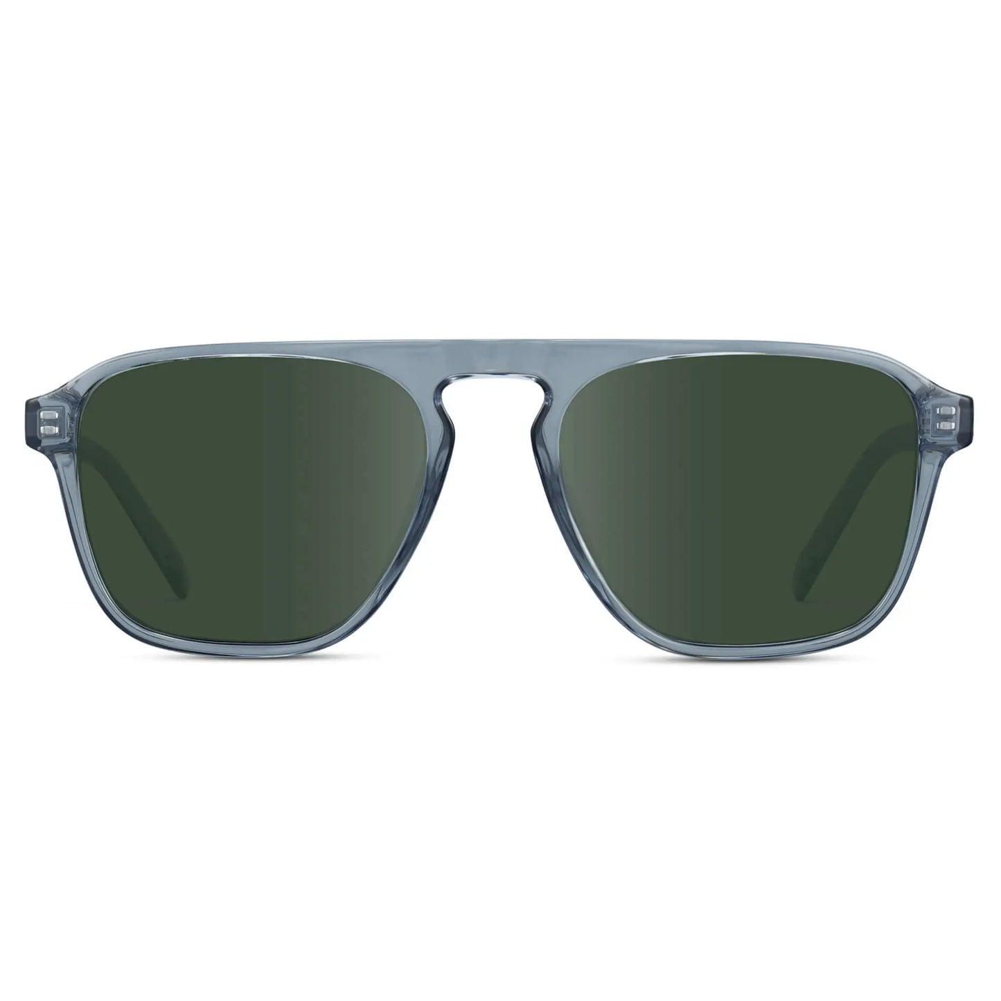 Denim Blue / G15 || Blue Single Bridge Aviator Sunglasses with Green Prescription Lenses on a white background