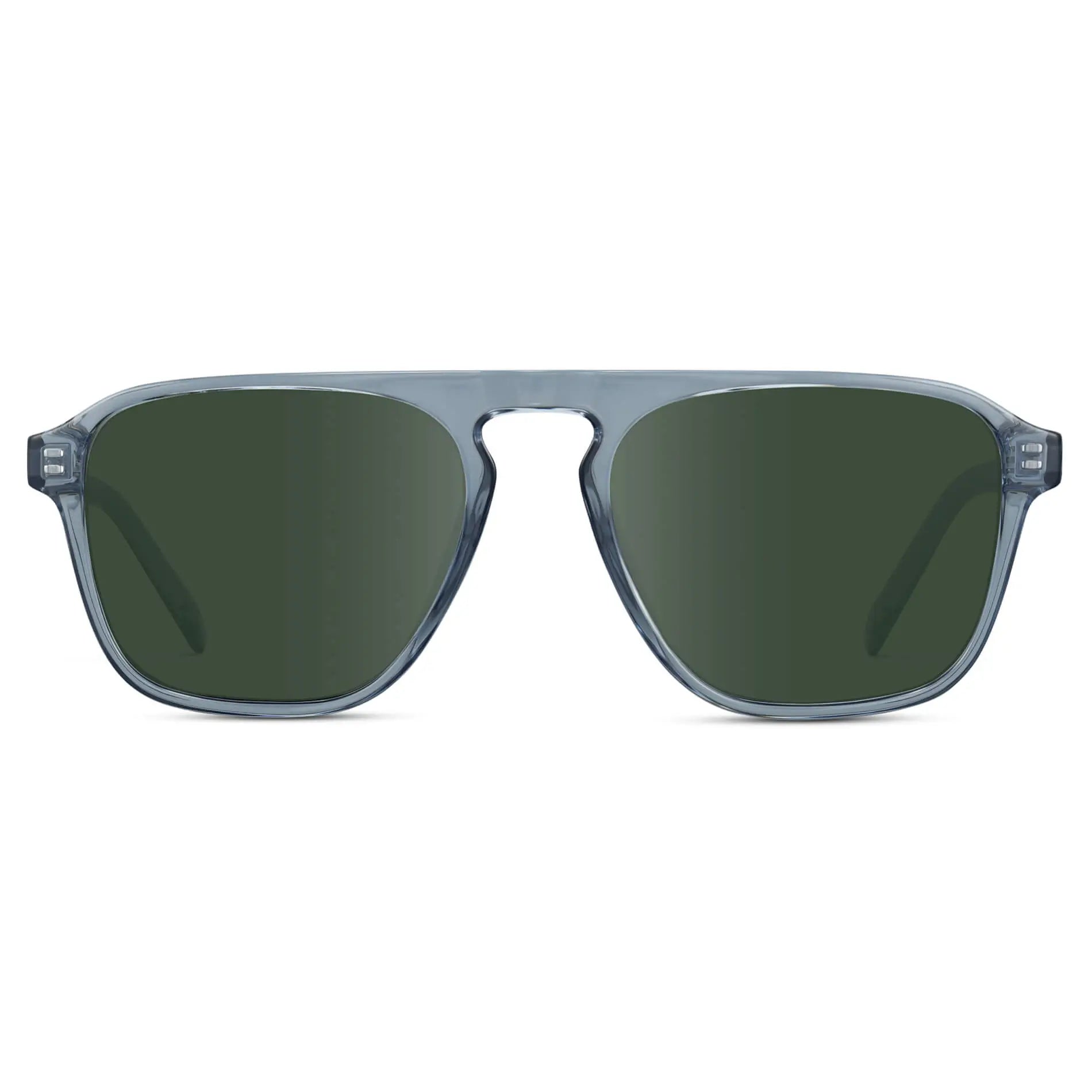 Denim Blue / G15 || Blue Single Bridge Aviator Sunglasses with Green Prescription Lenses on a white background