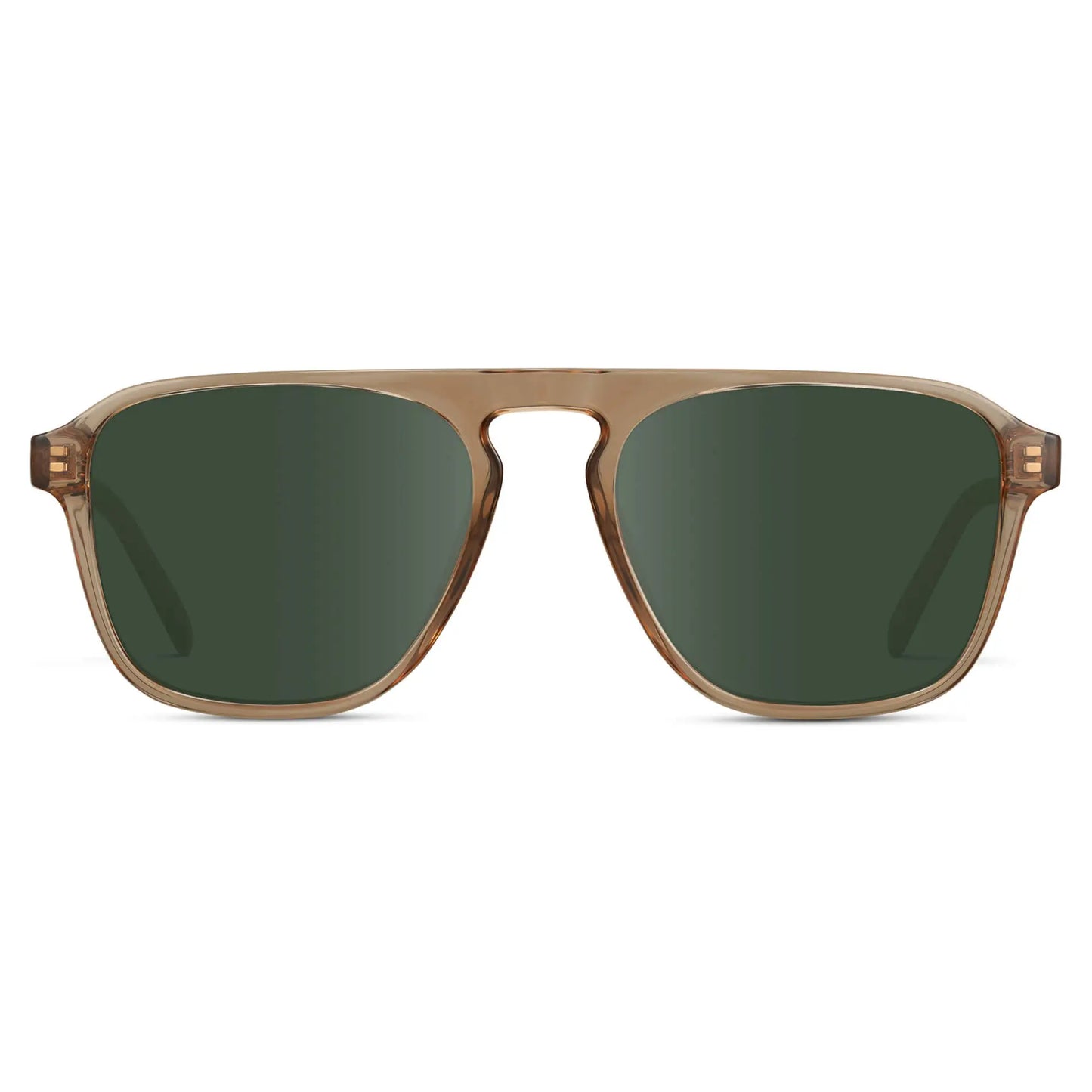 Light Crystal Brown / G15 || Brown Single Bridge Aviator Sunglasses with Green Prescription Lenses on a white background