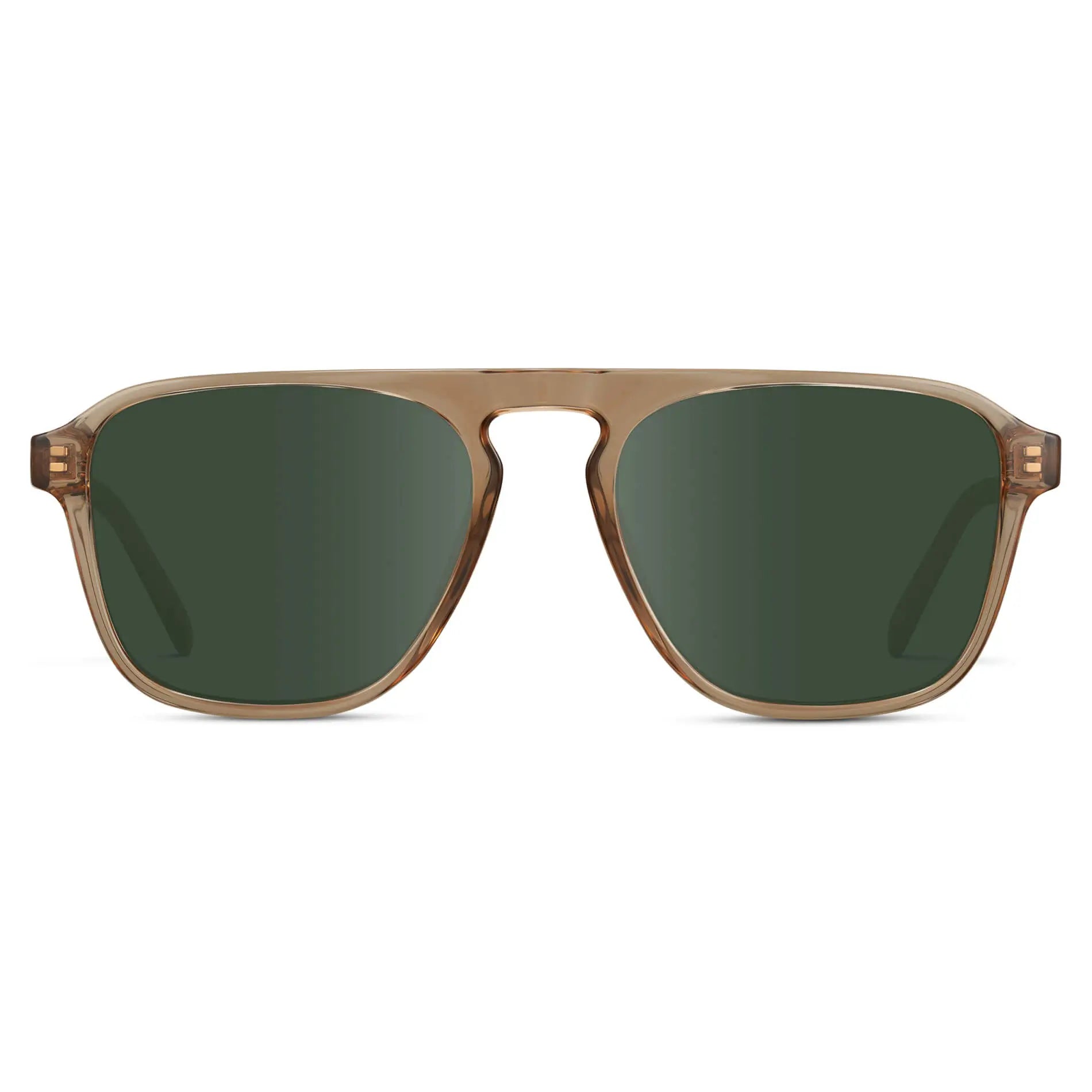 Light Crystal Brown / G15 || Brown Single Bridge Aviator Sunglasses with Green Prescription Lenses on a white background