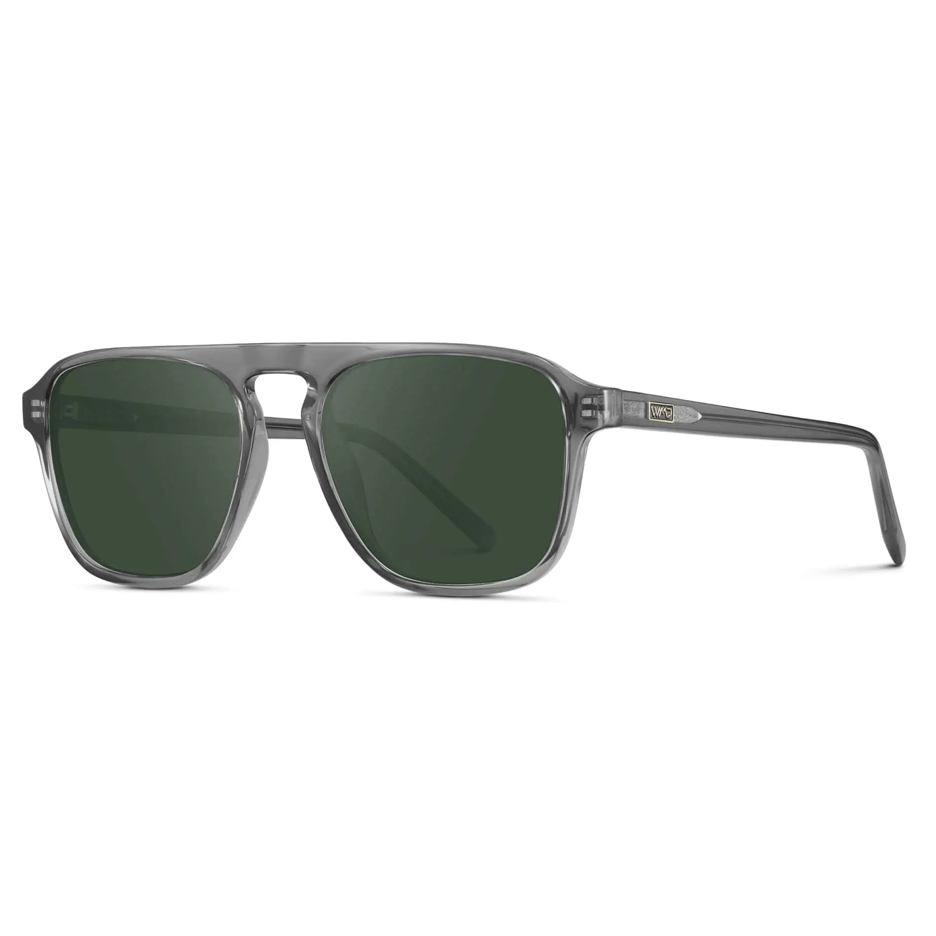 Graphite Grey / G15 || Side view of Grey Single Bridge Aviator Sunglasses with Green Prescription Lenses on a white background