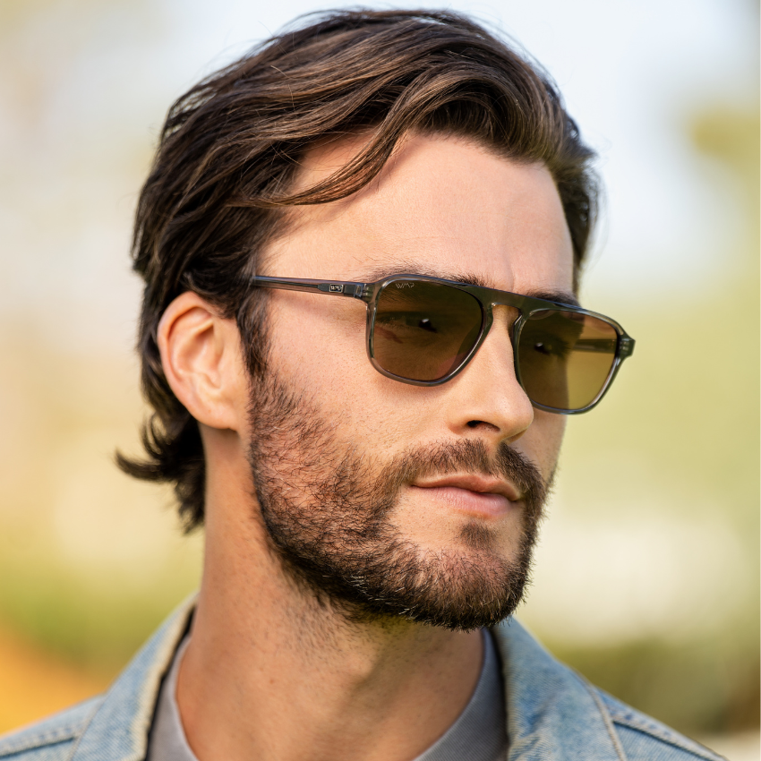 Graphite Grey / Dark Beige Gradient Lens || Clear Grey Single Bridge Aviator Sunglasses with Brown Polarized Lenses