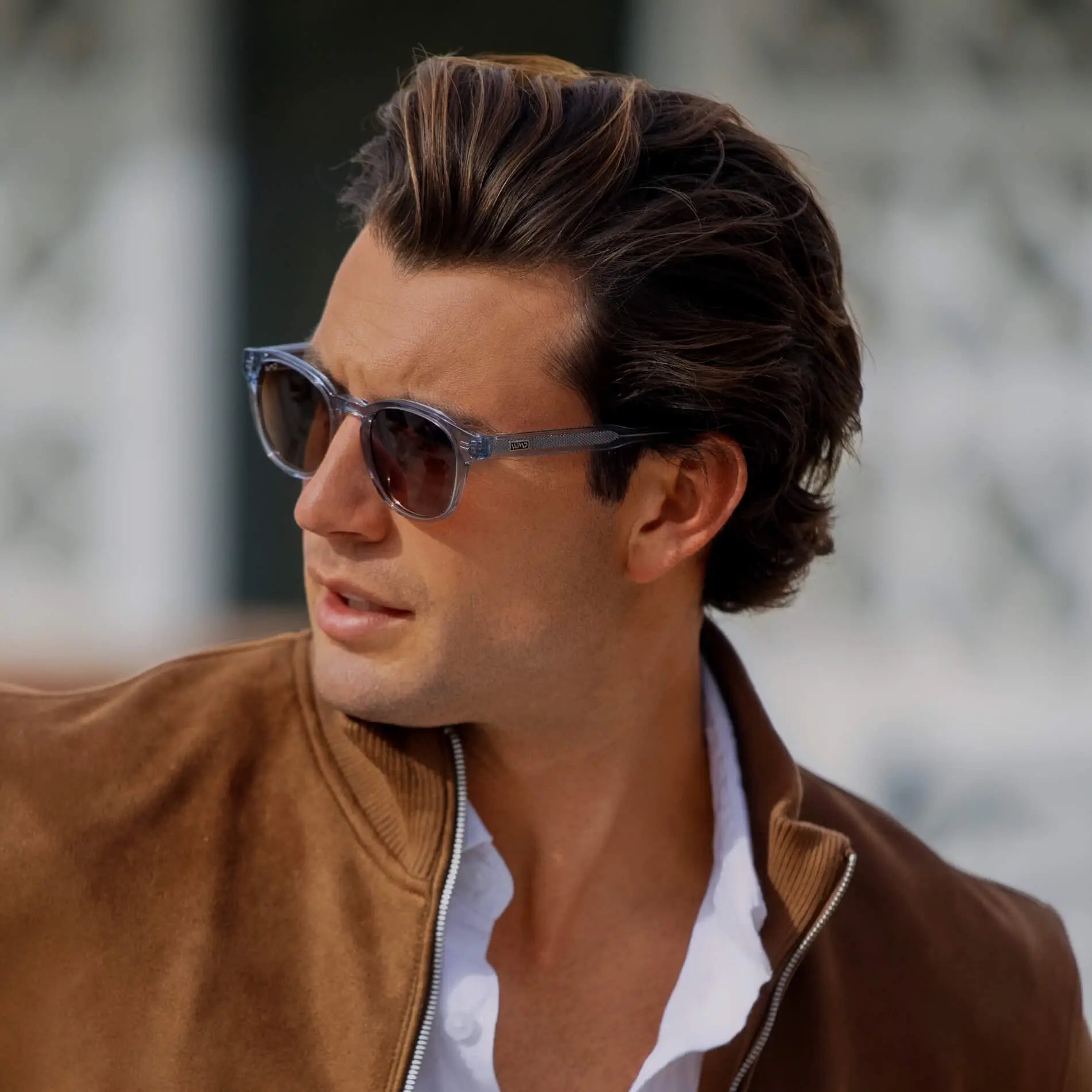 Denim Blue / Brown Lens || Men's Round Polarized Sunglasses with Blue Acetate Frame and Brown Lens