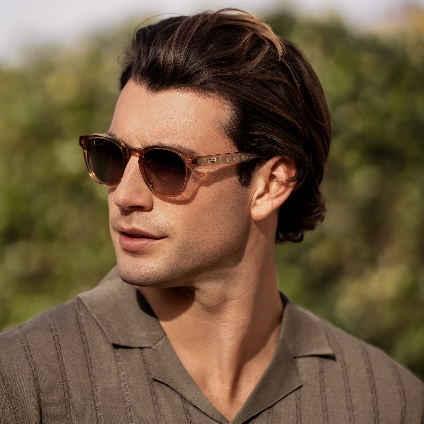 Crystal Brown / Grey Brown Gradient Lens || Men's Round Polarized Sunglasses with Brown Acetate Frame and Grey Brown Gradient Lens