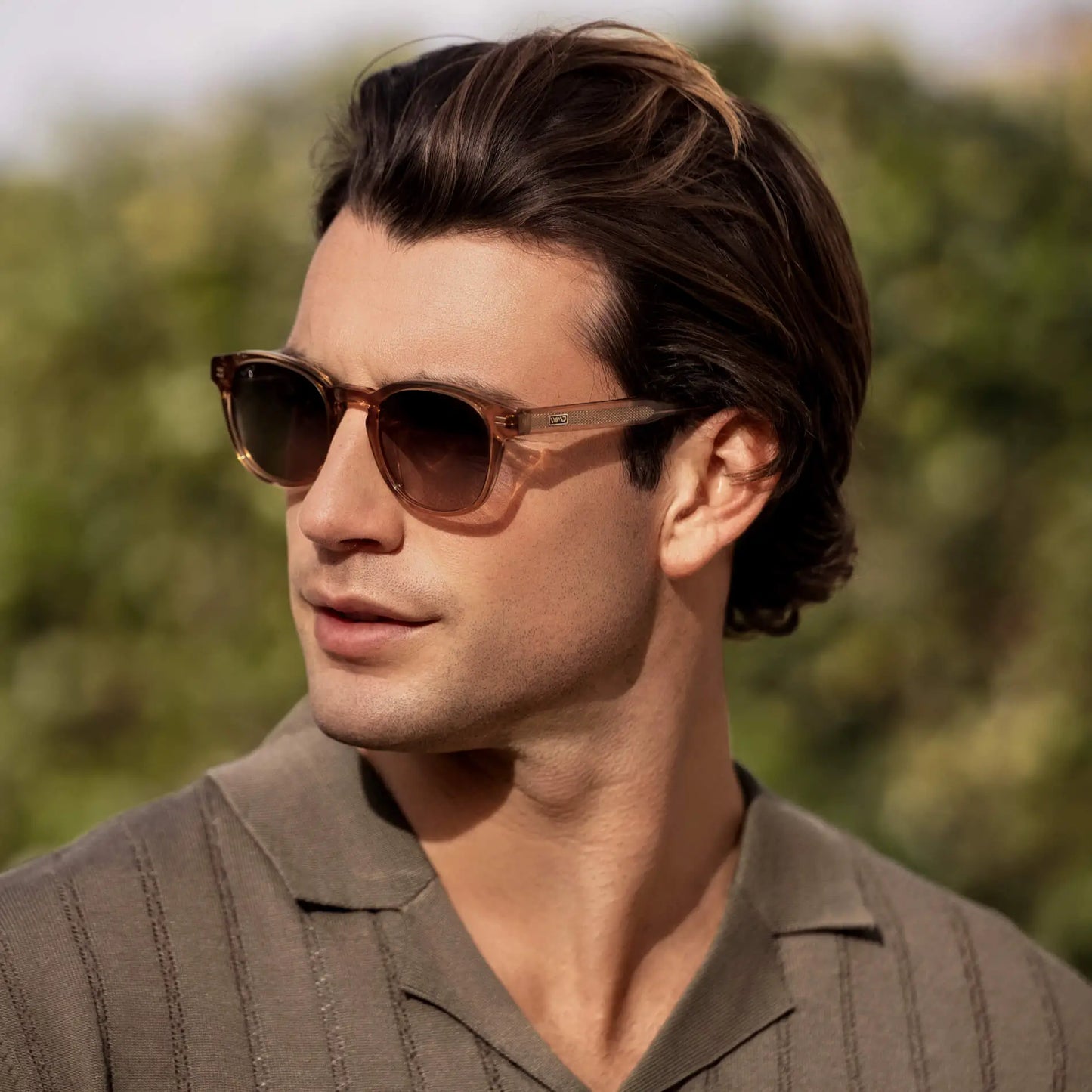 Crystal Brown / Grey Brown Gradient Lens || Men's Round Polarized Sunglasses with Brown Acetate Frame and Grey Brown Gradient Lens