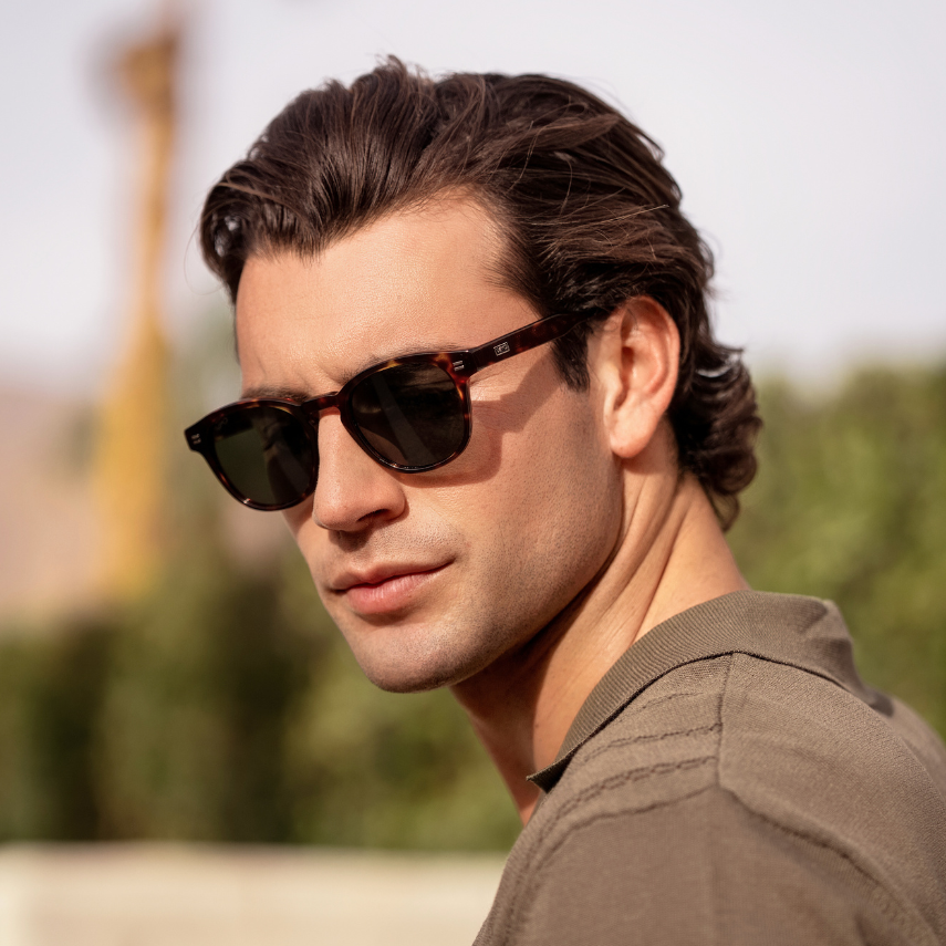 Amber Tortoise / Smoke Green Lens || Men's Round Polarized Sunglasses with Amber Tortoise Acetate Frame and Smoke Green Lens