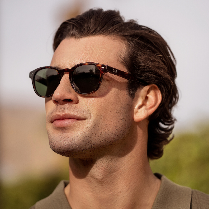 Amber Tortoise / Smoke Green Lens || Men's Round Polarized Sunglasses with Amber Tortoise Acetate Frame and Smoke Green Lens