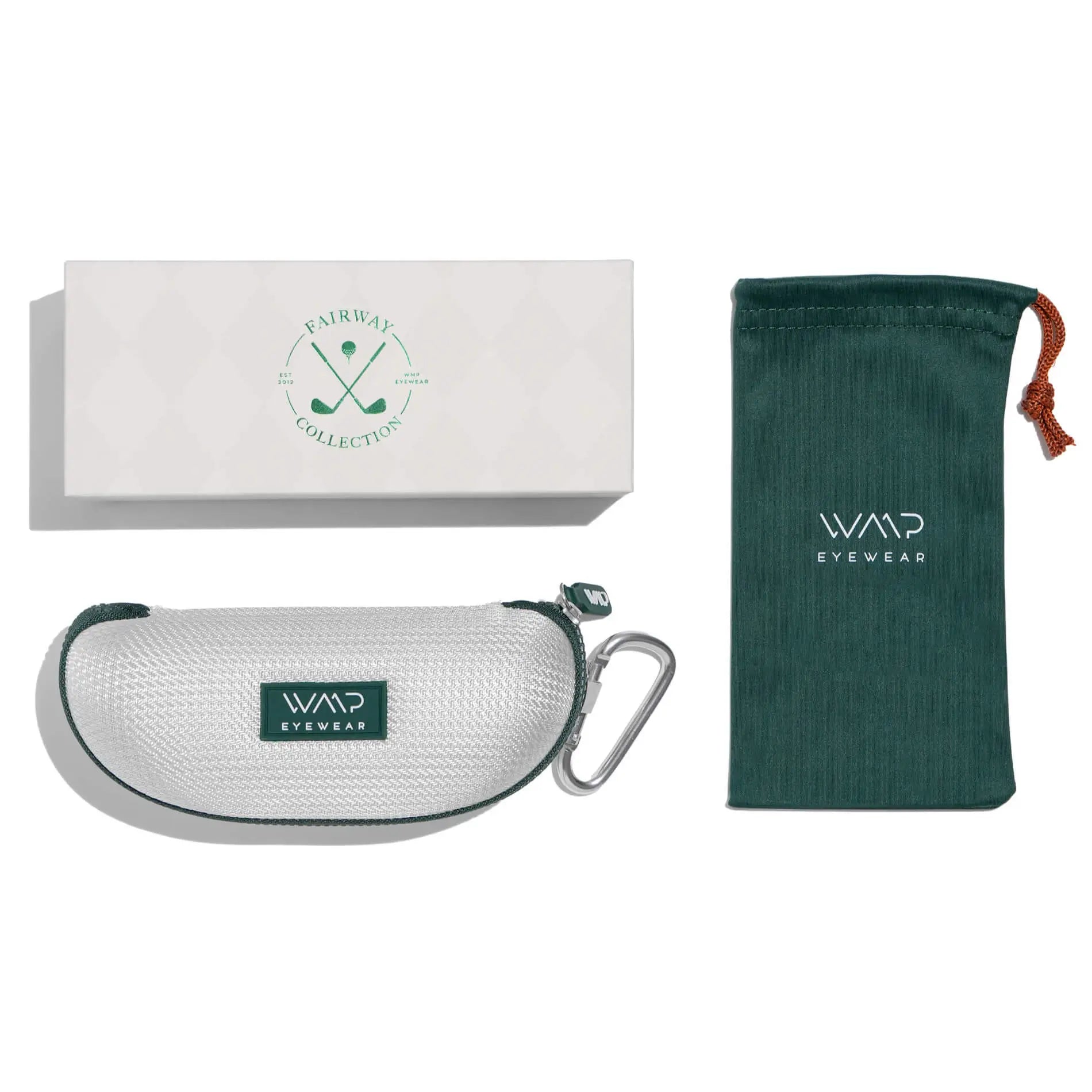 Crystal Ice Grey / Brown Lens || Golf packaging with White box, White hard shell case with Green zipper and Green microfiber pouch