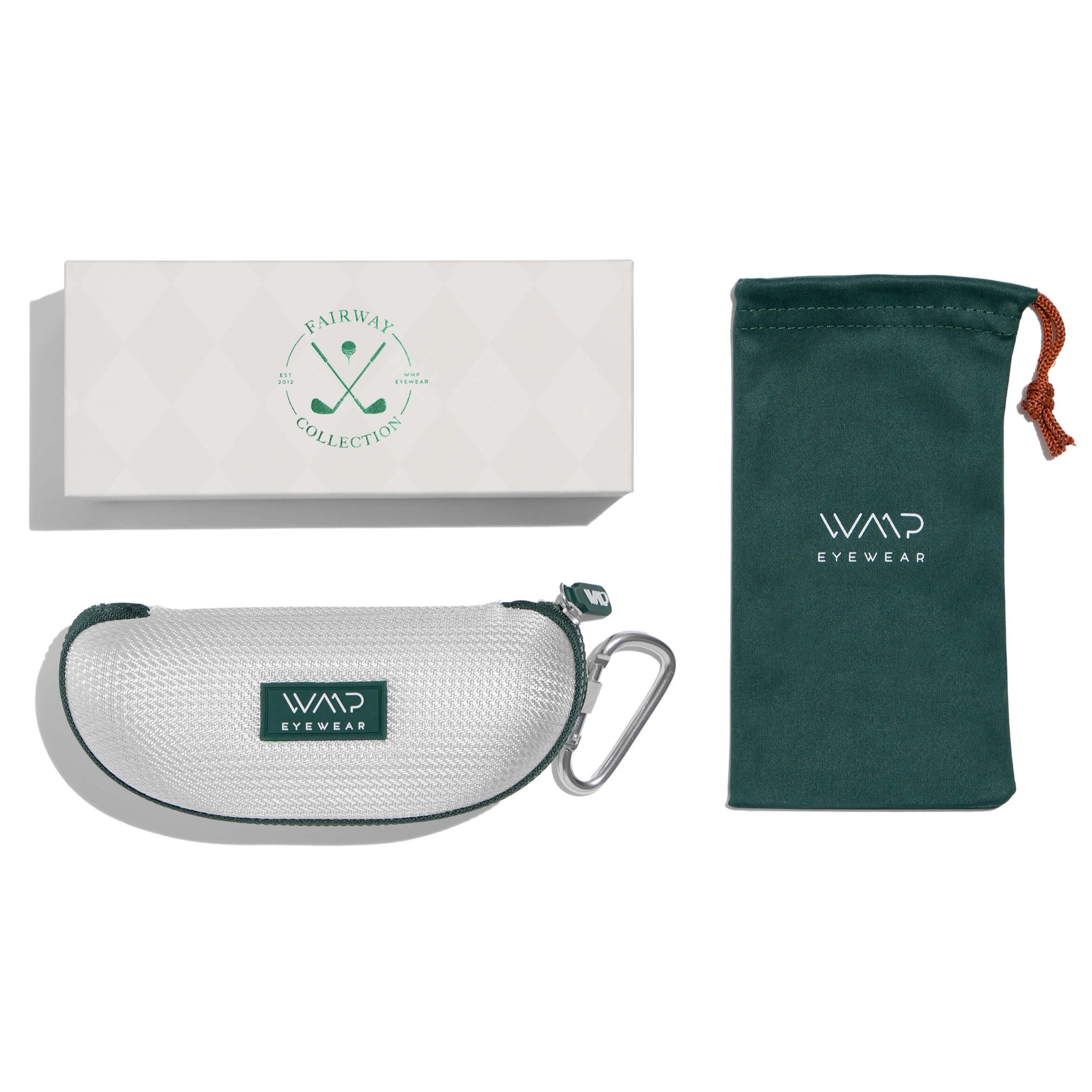 Black / Amber || Golf Packaging with White Box, White Hard Shell Case with Green Zipper and Green Microfiber Pouch