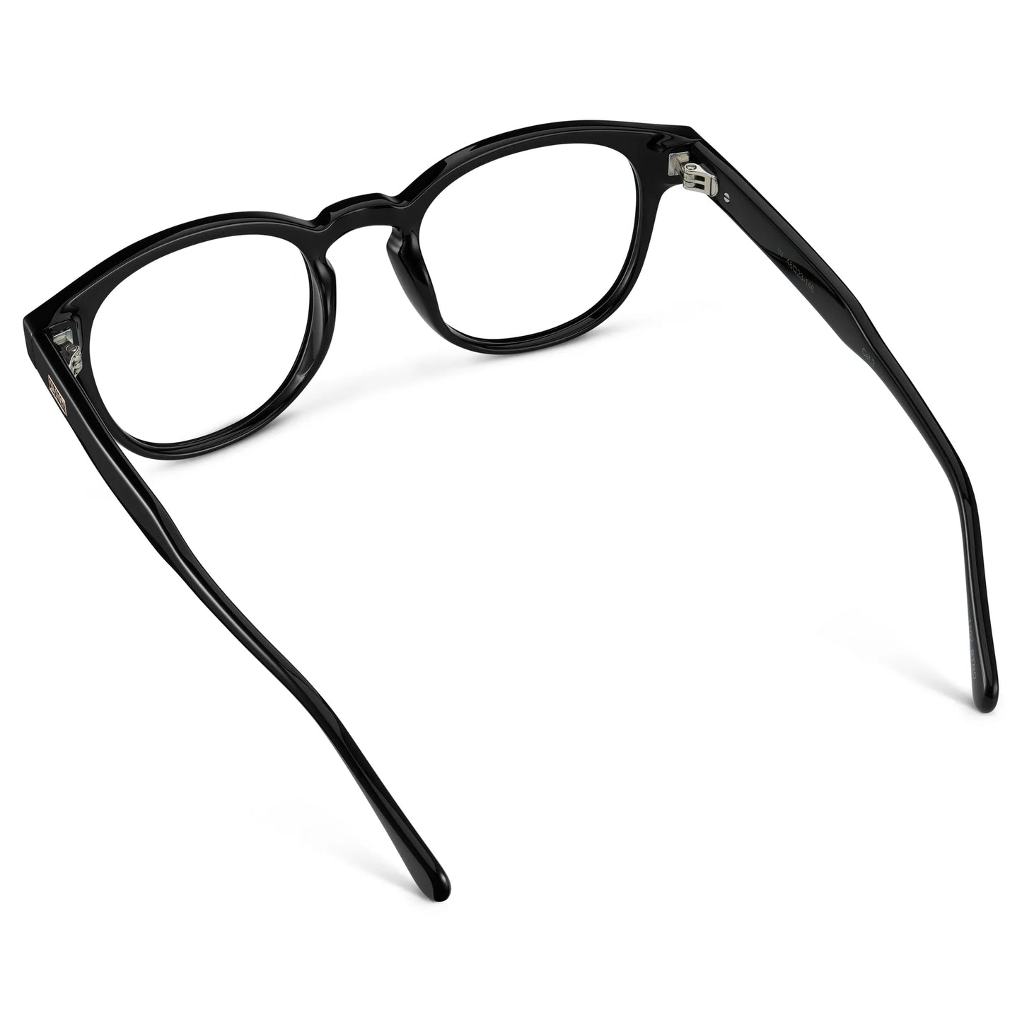 Black || Back view of Men's Retro-Inspired Round Prescription Eyeglasses with Black Acetate Frame and Clear Lenses on a white background