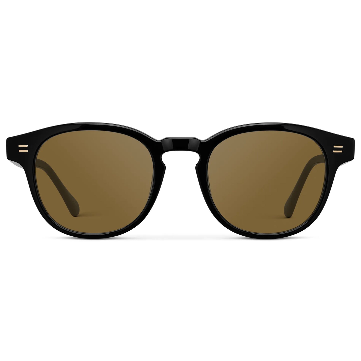 Black / Amber || Front view of Men's Retro-Inspired Round Prescription Sunglasses with Black Acetate Frame and Brown Lenses on a white background