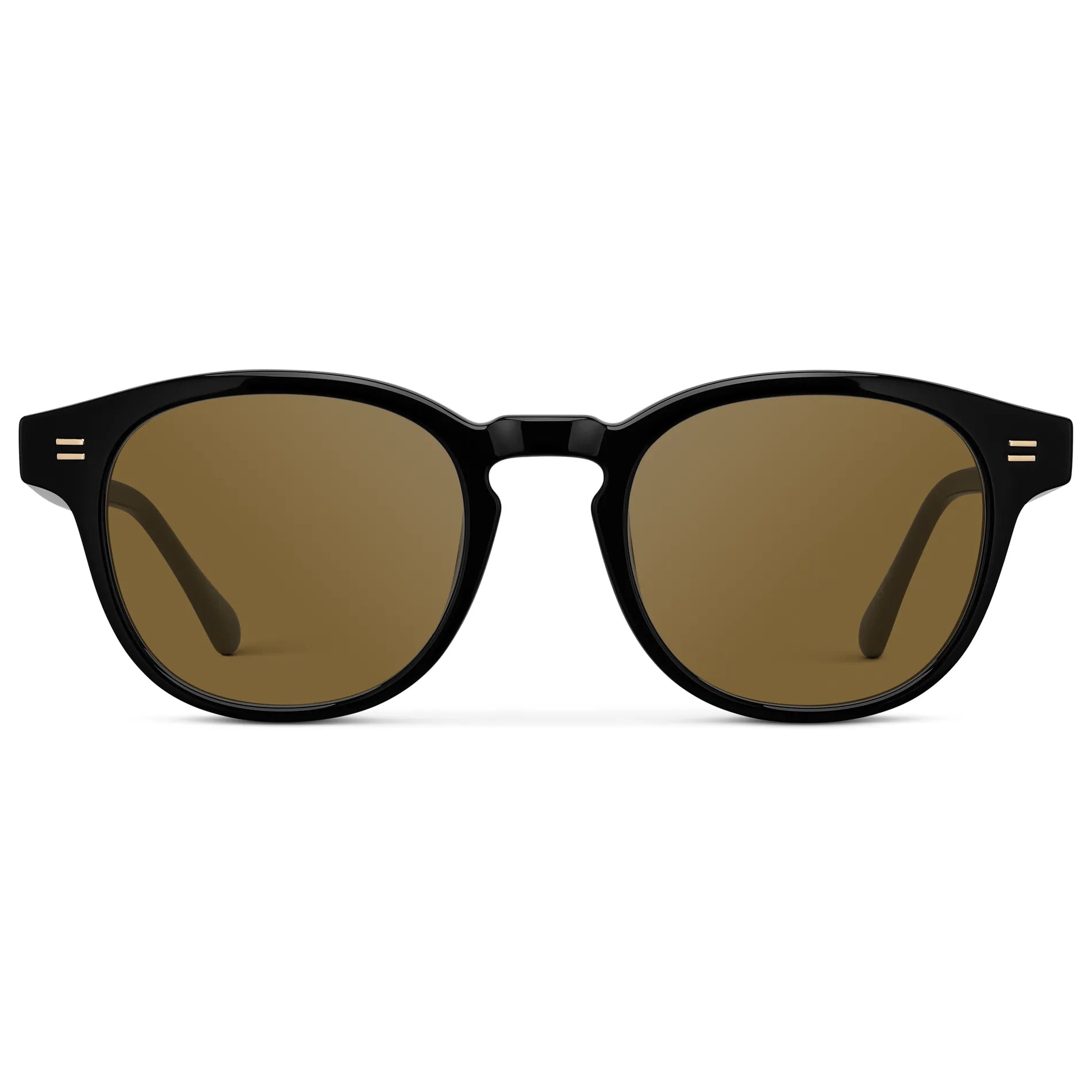 Black / Amber || Front view of Men's Retro-Inspired Round Prescription Sunglasses with Black Acetate Frame and Brown Lenses on a white background