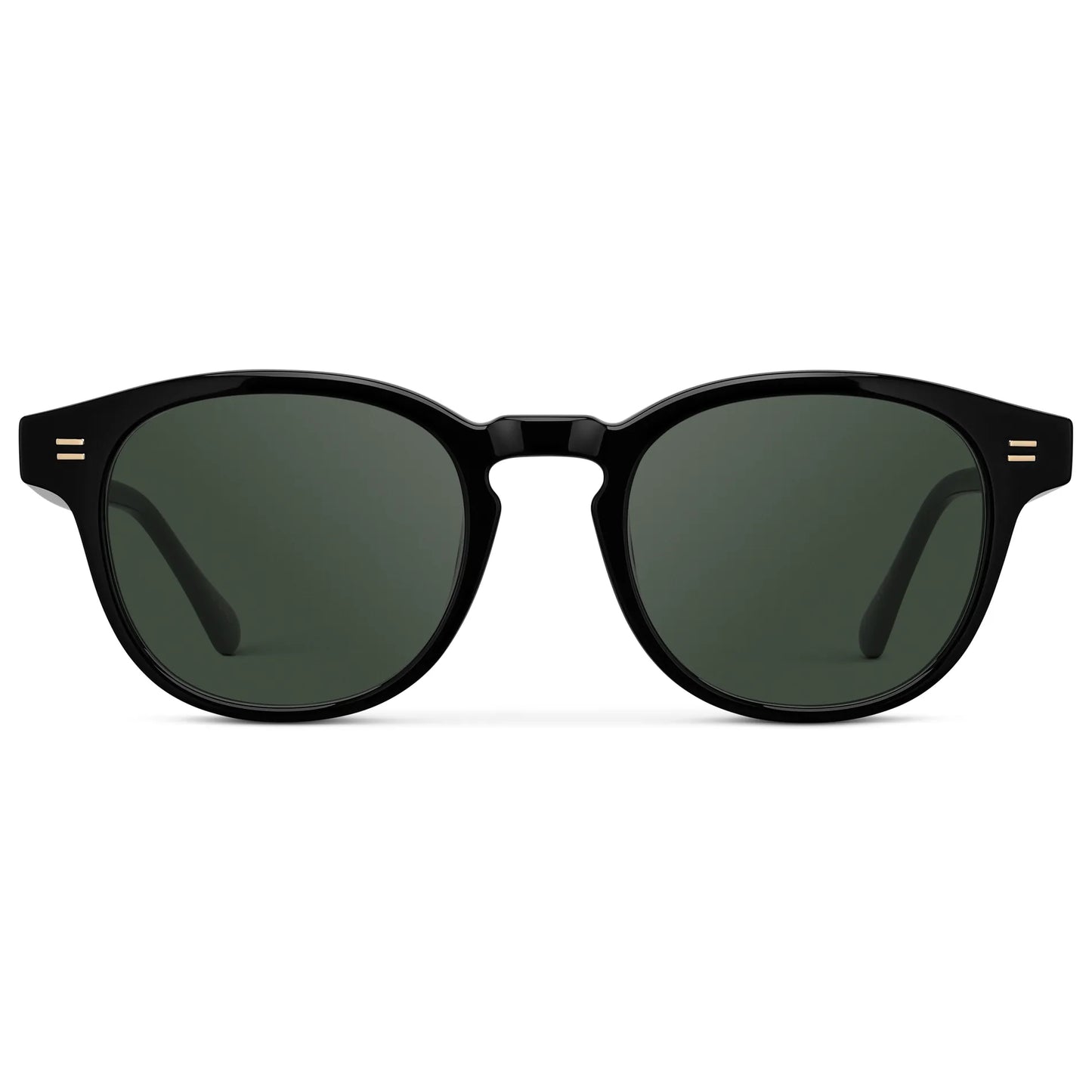 Black / G15 || Front view of Men's Retro-Inspired Round Prescription Sunglasses with Black Acetate Frame and Green Lenses on a white background