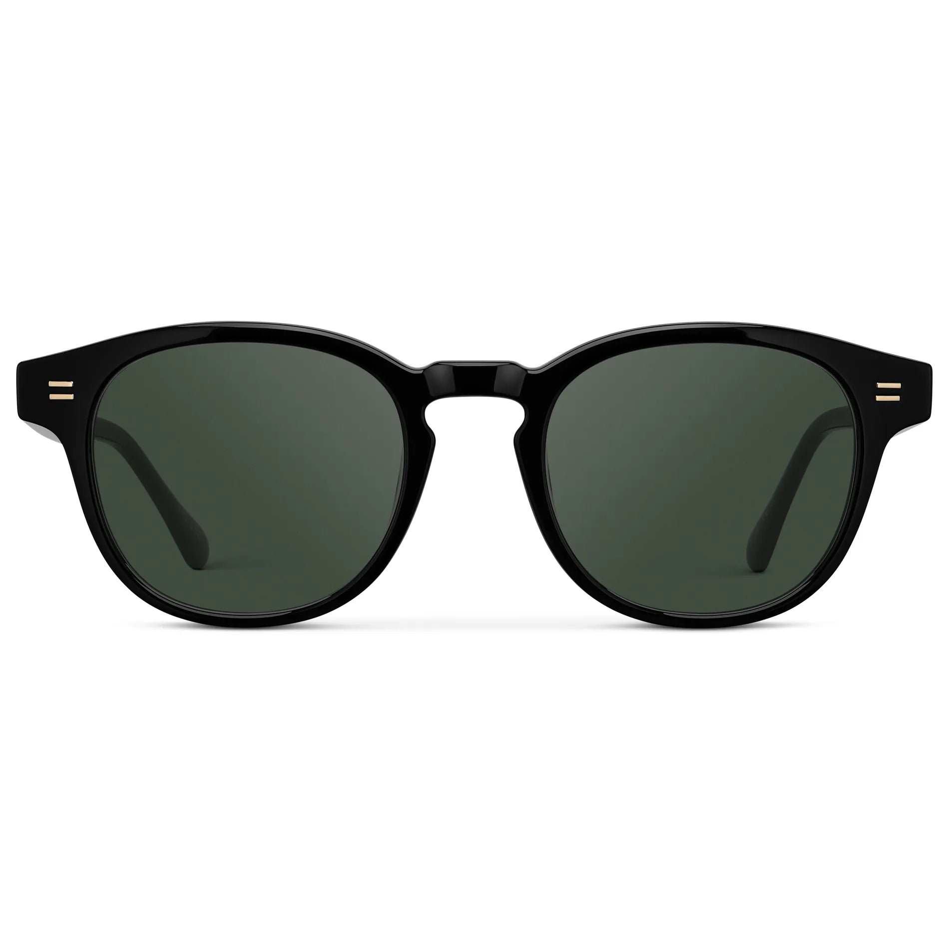 Black / G15 || Front view of Men's Retro-Inspired Round Prescription Sunglasses with Black Acetate Frame and Green Lenses on a white background