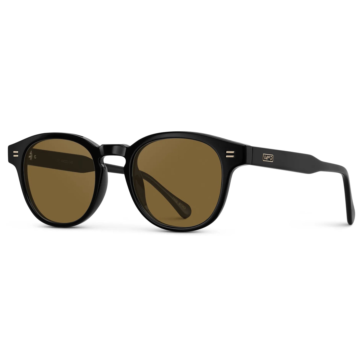 Black / Amber || Side view of Men's Retro-Inspired Round Prescription Sunglasses with Black Acetate Frame and Brown Lenses on a white background