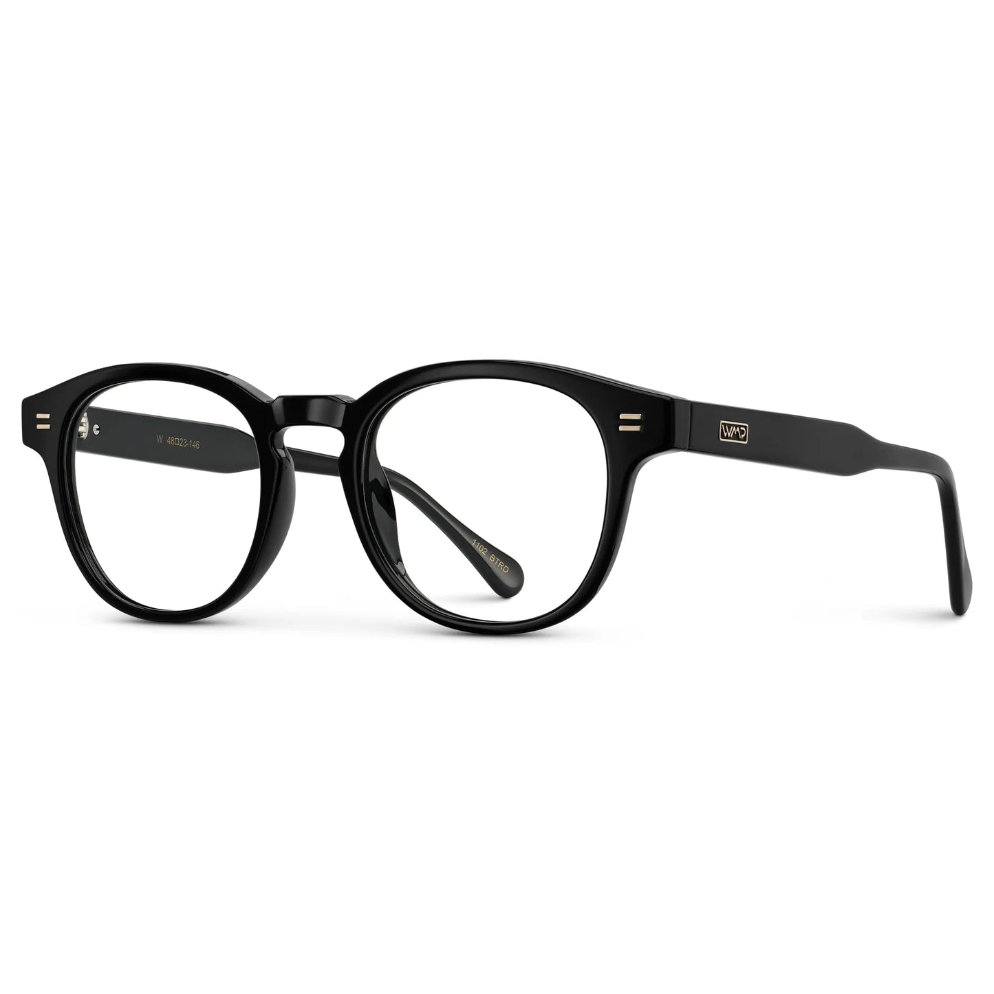Black || Side view of Men's Retro-Inspired Round Prescription Eyeglasses with Black Acetate Frame and Clear Lenses on a white background