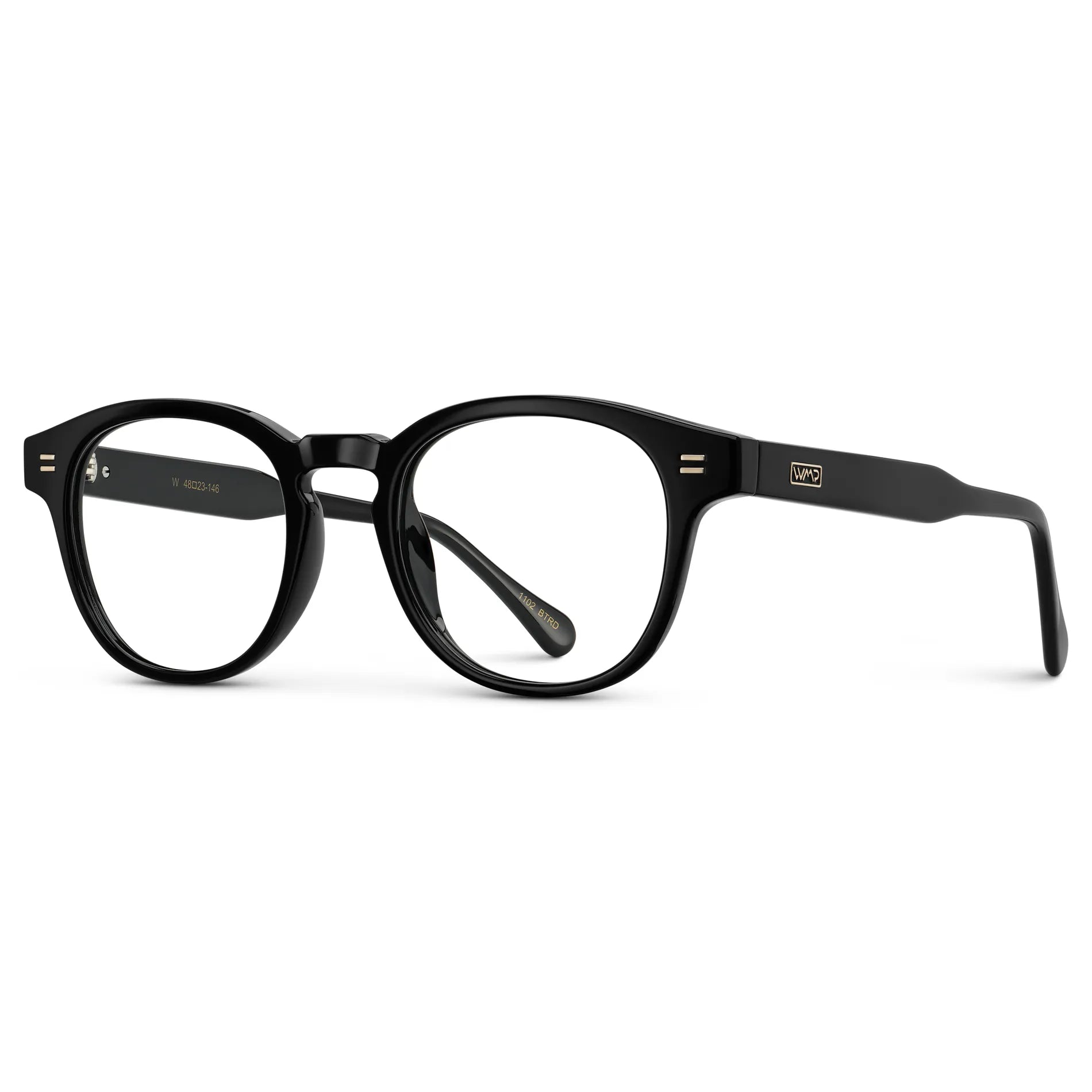 Black || Side view of Men's Retro-Inspired Round Prescription Eyeglasses with Black Acetate Frame and Clear Lenses on a white background