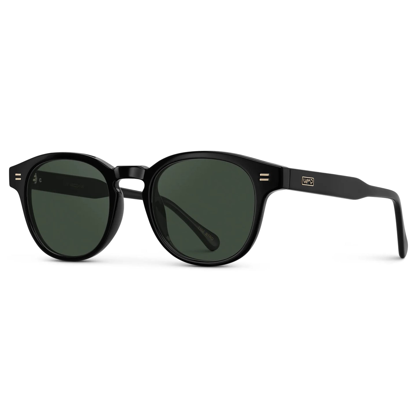 Black / G15 || Side view of Men's Retro-Inspired Round Prescription Sunglasses with Black Acetate Frame and Green Lenses on a white background
