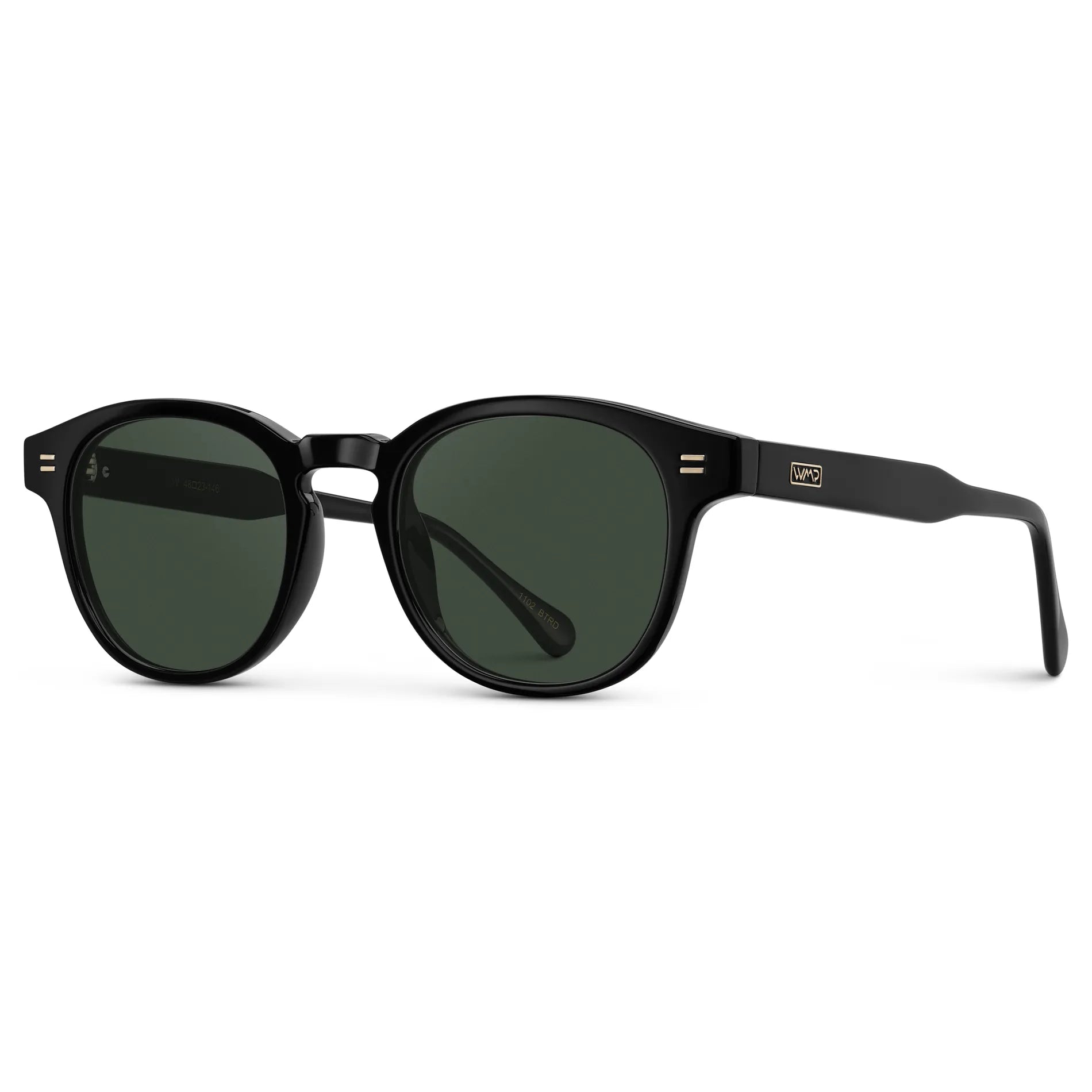 Black / G15 || Side view of Men's Retro-Inspired Round Prescription Sunglasses with Black Acetate Frame and Green Lenses on a white background