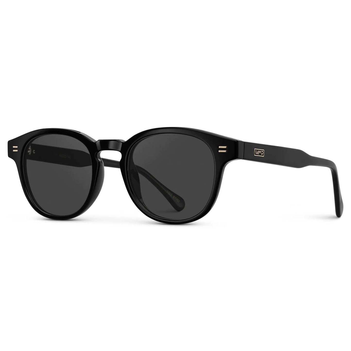 Black / Grey || Side view of Men's Retro-Inspired Round Prescription Sunglasses with Black Acetate Frame and Grey Lenses on a white background