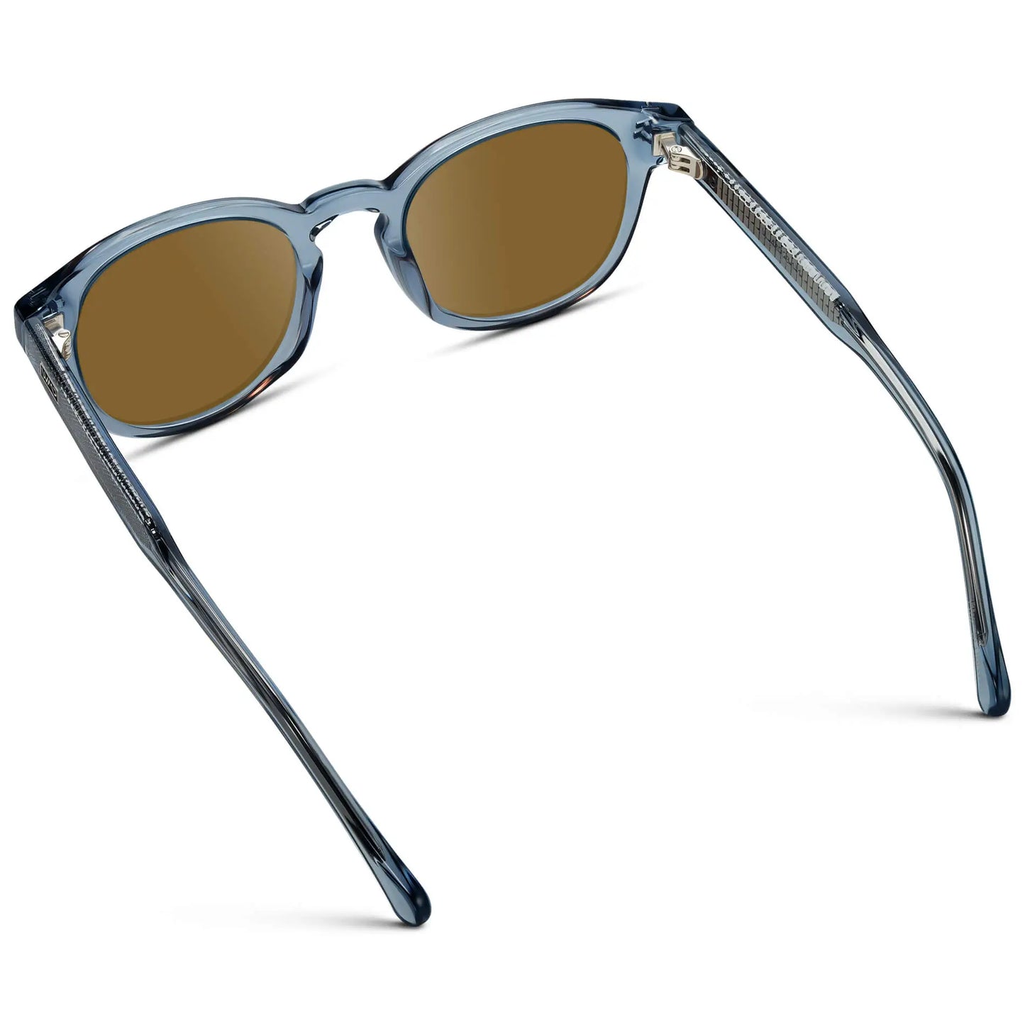 Denim Blue / Amber || Back view of Men's Retro-Inspired Round Prescription Sunglasses with Blue Acetate Frame and Brown Prescription Lenses