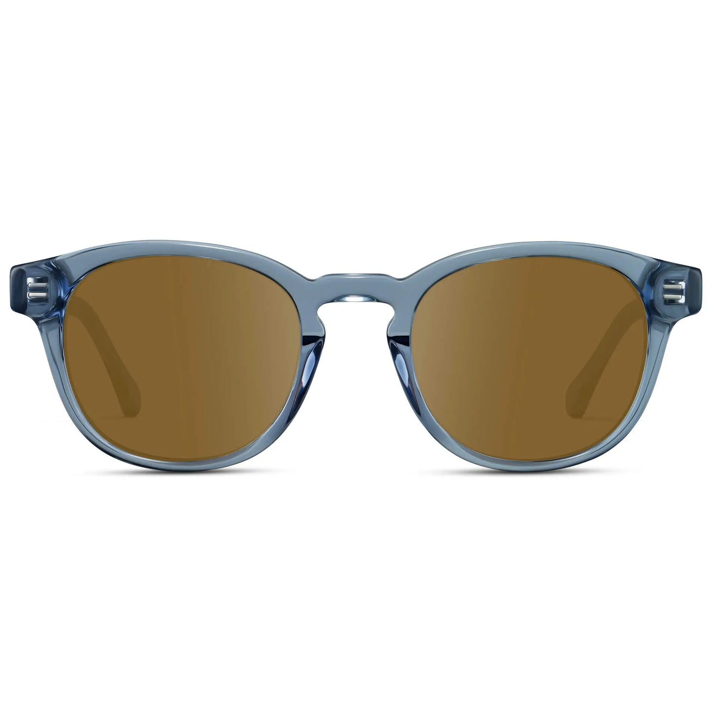 Denim Blue / Amber || Front view of Men's Retro-Inspired Round Prescription Sunglasses with Blue Acetate Frame and Brown Prescription Lenses