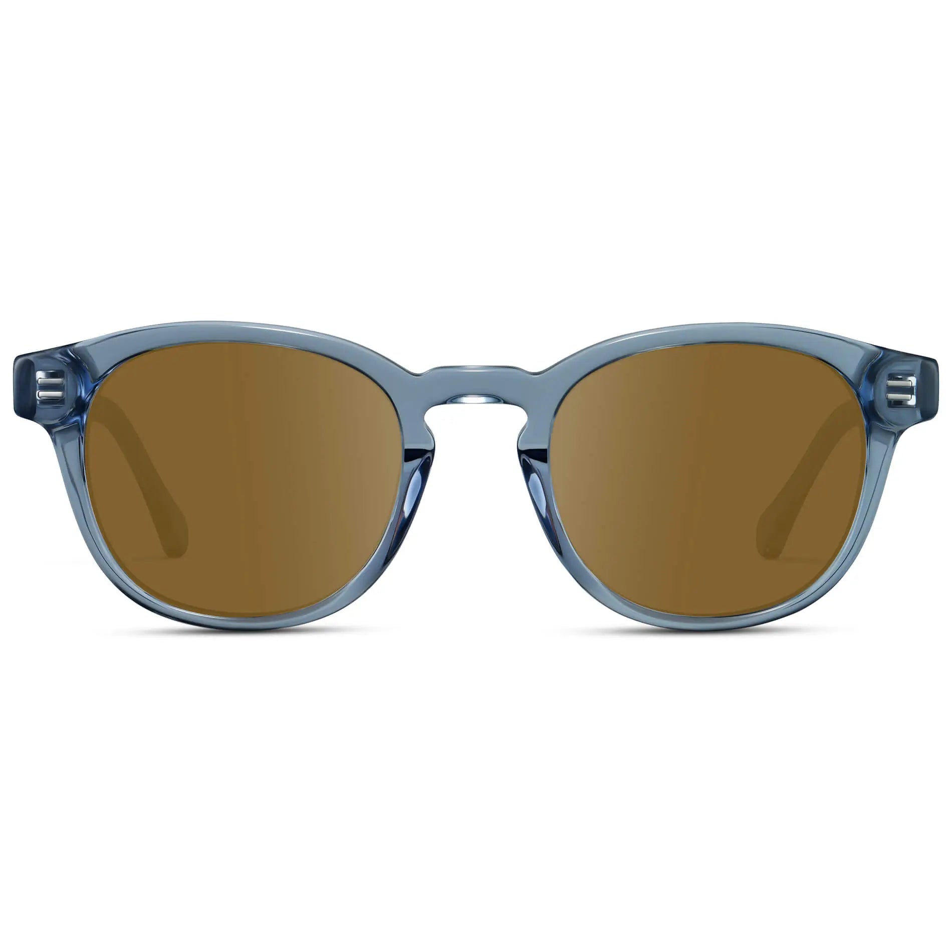 Denim Blue / Amber || Front view of Men's Retro-Inspired Round Prescription Sunglasses with Blue Acetate Frame and Brown Prescription Lenses