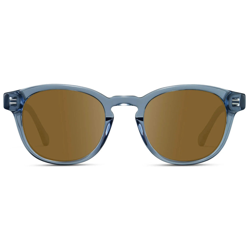 Denim Blue / Amber || Front view of Men's Retro-Inspired Round Prescription Sunglasses with Blue Acetate Frame and Brown Prescription Lenses
