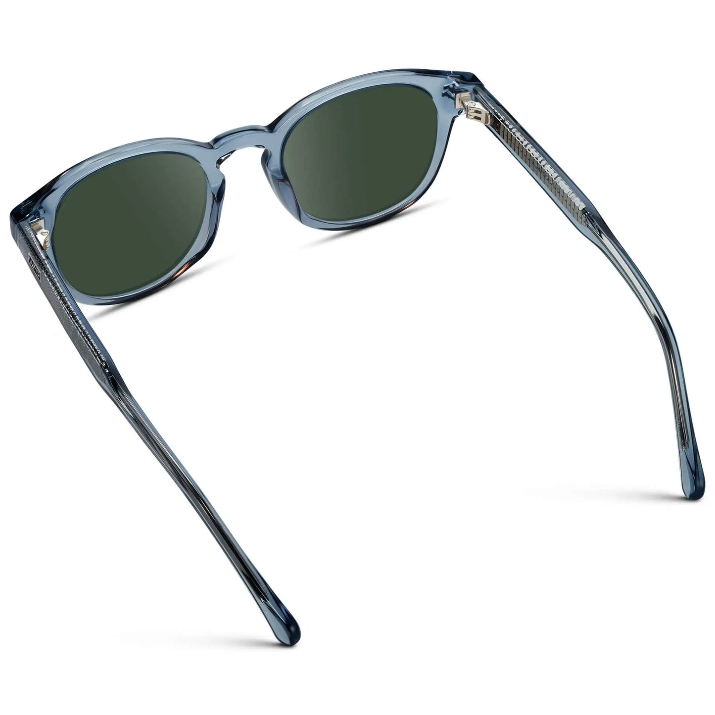 Denim Blue / G15 || Back view of Men's Retro-Inspired Round Prescription Sunglasses with Blue Acetate Frame and Green Prescription Lenses