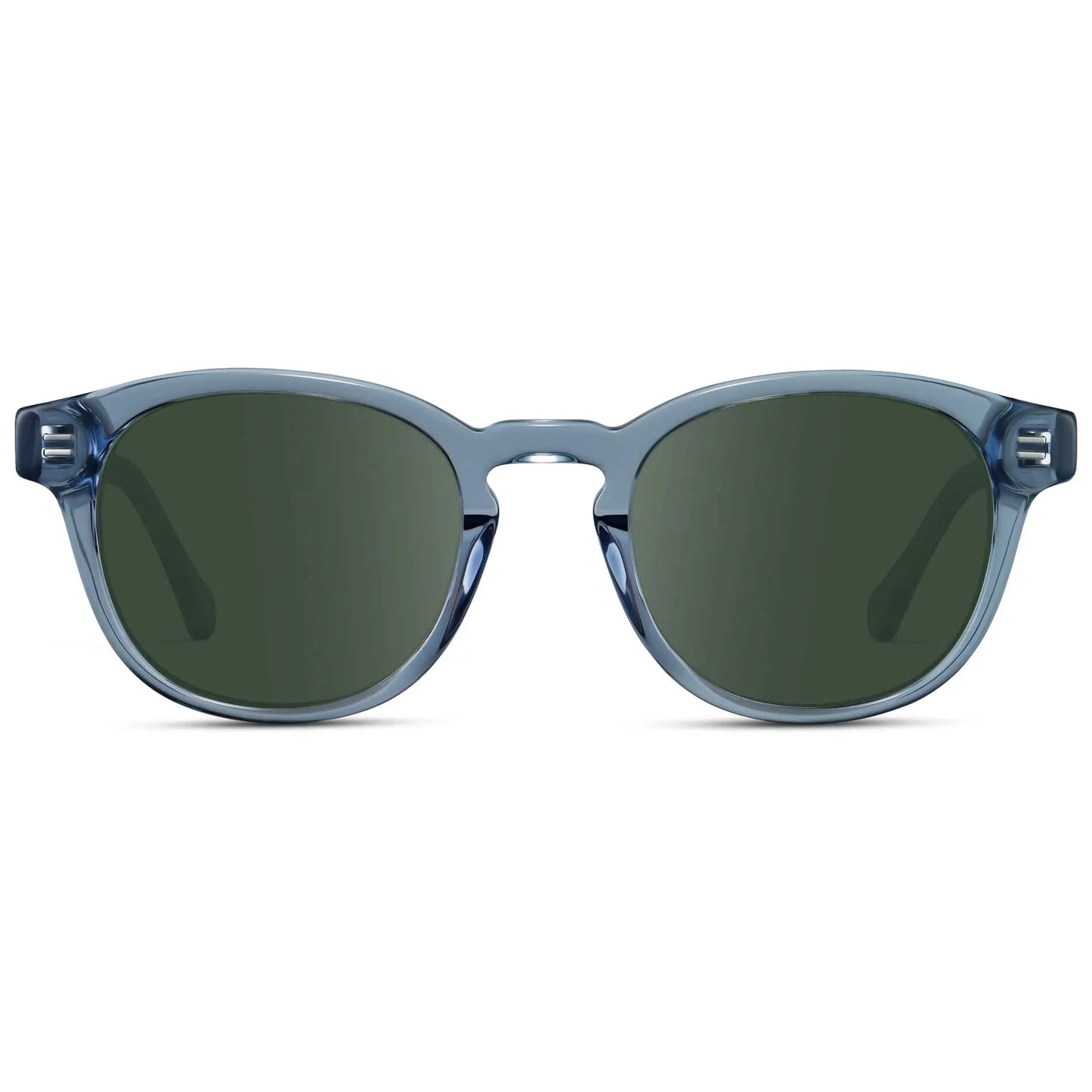 Denim Blue / G15 || Front view of Men's Retro-Inspired Round Prescription Sunglasses with Blue Acetate Frame and Green Prescription Lenses