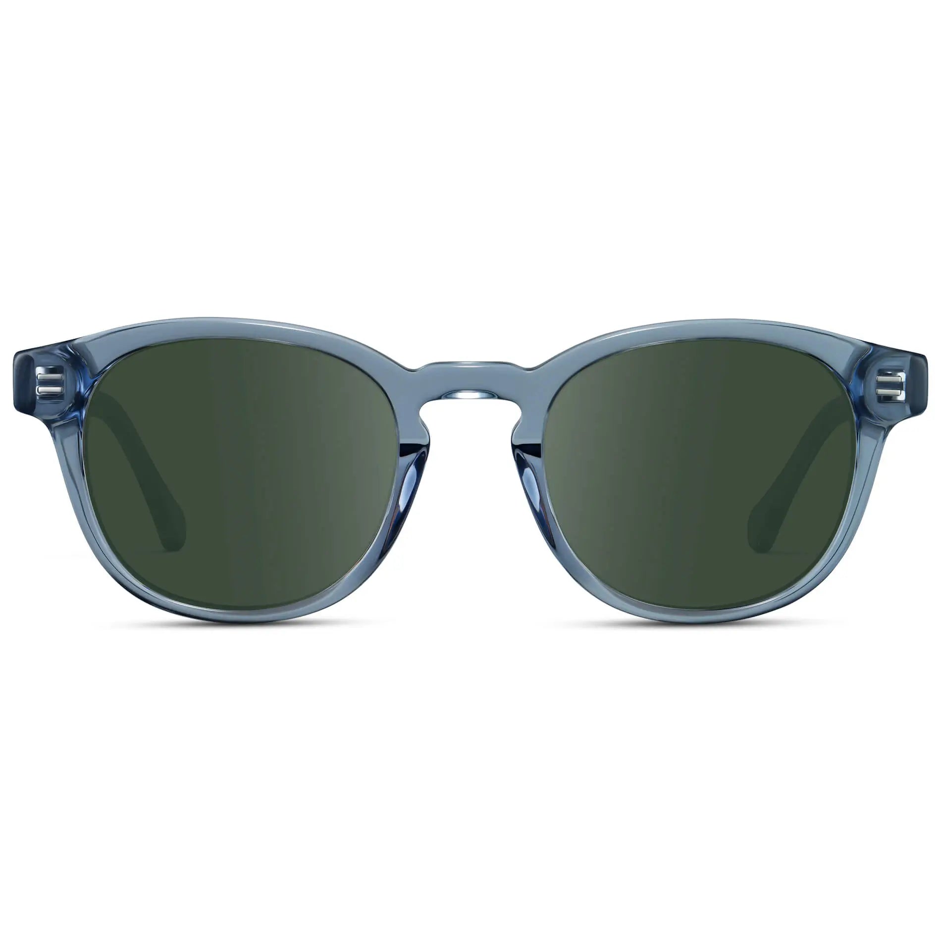 Denim Blue / G15 || Front view of Men's Retro-Inspired Round Prescription Sunglasses with Blue Acetate Frame and Green Prescription Lenses