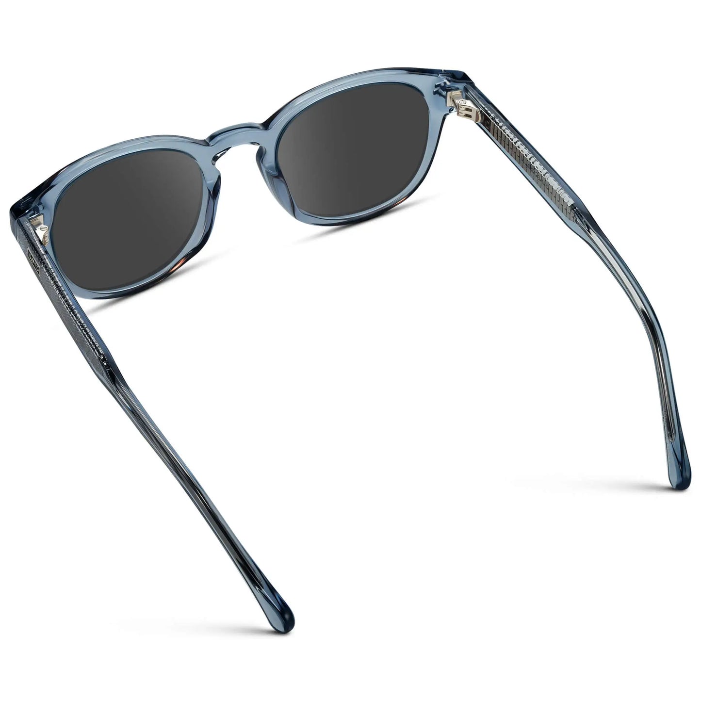 Denim Blue / Grey || Back view of Men's Retro-Inspired Round Prescription Sunglasses with Blue Acetate Frame and Grey Prescription Lenses