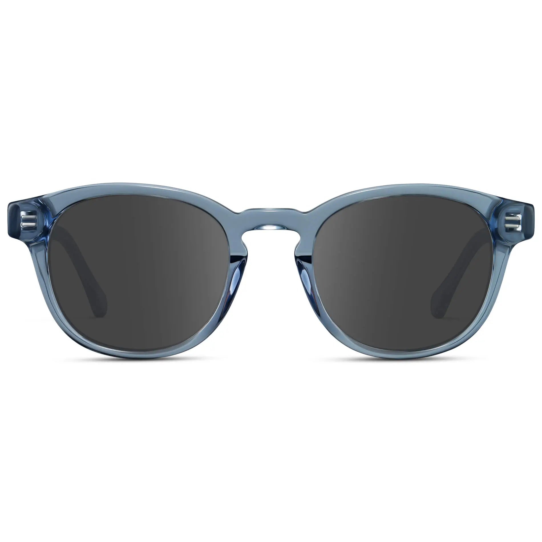 Denim Blue / Grey || Front view of Men's Retro-Inspired Round Prescription Sunglasses with Blue Acetate Frame and Grey Prescription Lenses