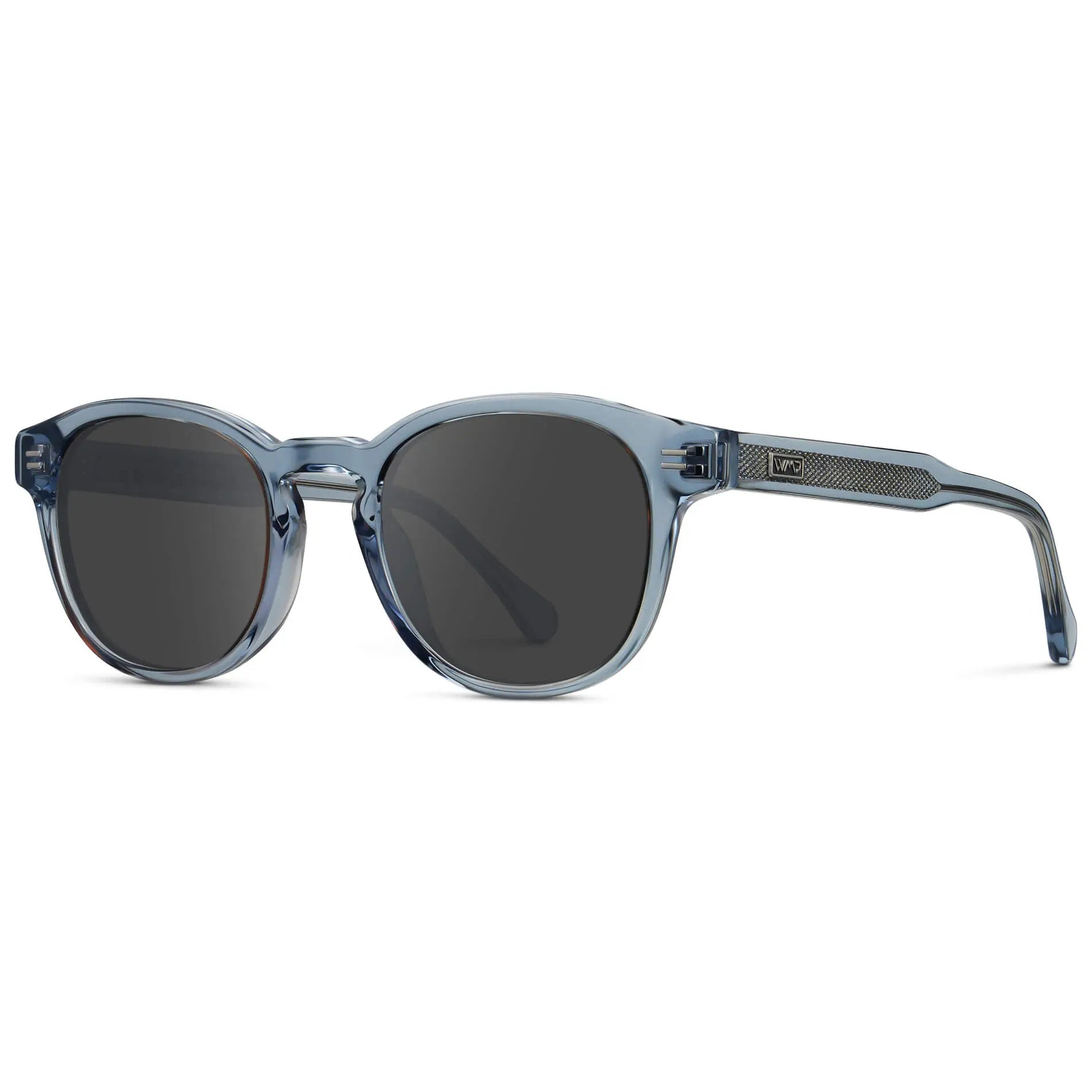 Denim Blue / Grey || Side view of Men's Retro-Inspired Round Prescription Sunglasses with Blue Acetate Frame and Grey Prescription Lenses