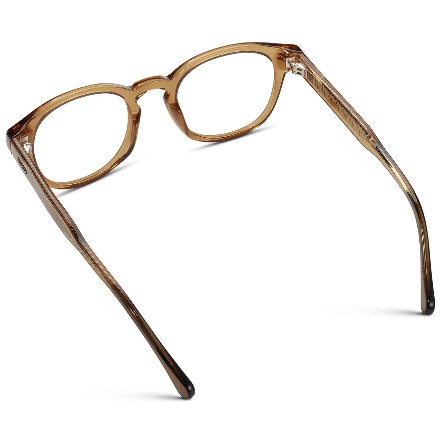 Crystal Brown || Back view of Men's Retro-Inspired Round Prescription Eyeglasses with Crystal Brown Acetate Frame and Clear Lenses on a white background