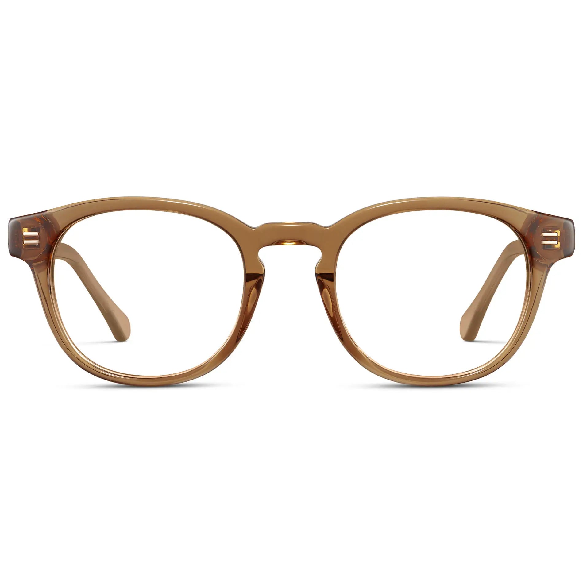 Crystal Brown || Men's Retro-Inspired Round Prescription Eyeglasses with Crystal Brown Acetate Frame and Clear Lenses on a white background
