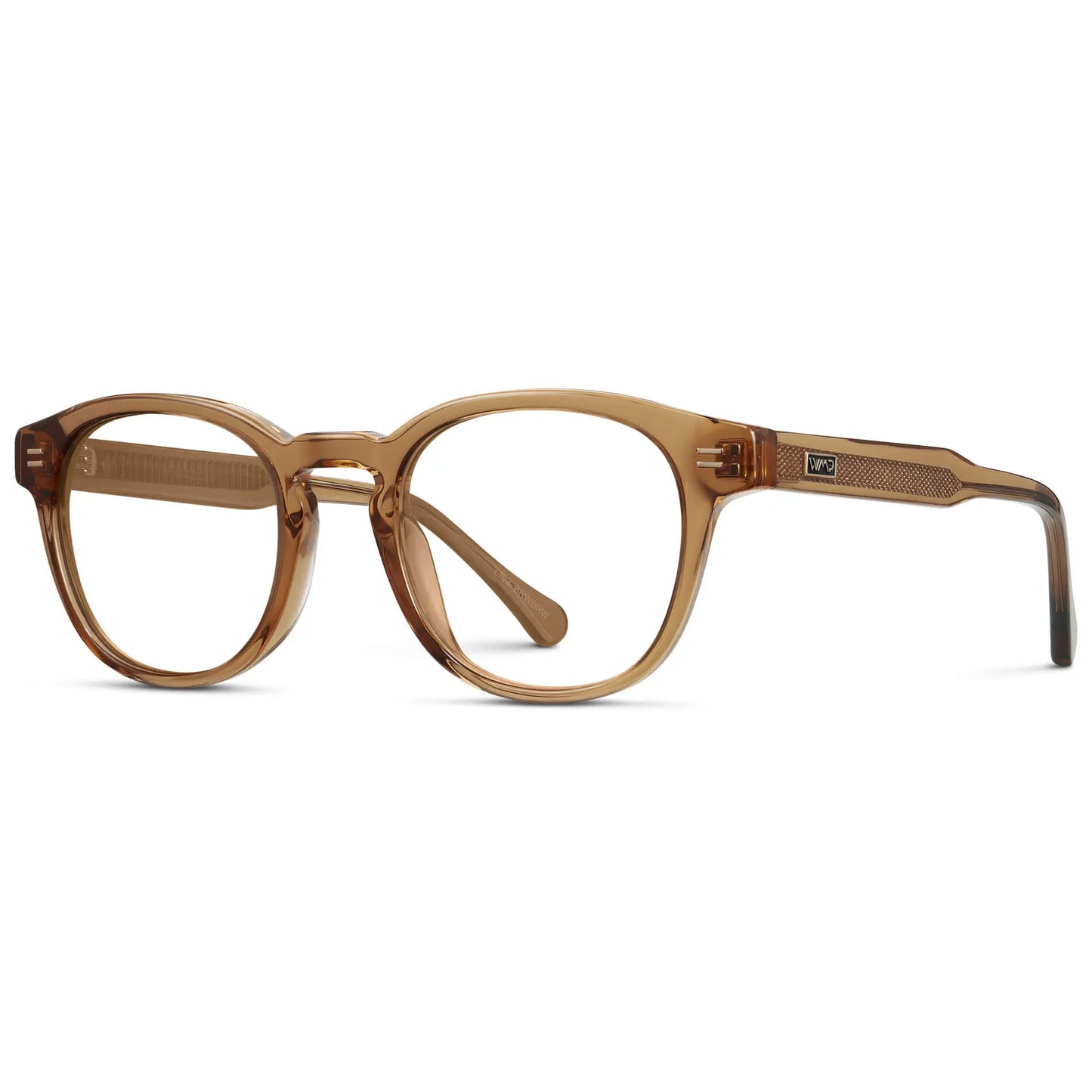 Crystal Brown || Side view of Men's Retro-Inspired Round Prescription Eyeglasses with Crystal Brown Acetate Frame and Clear Lenses on a white background