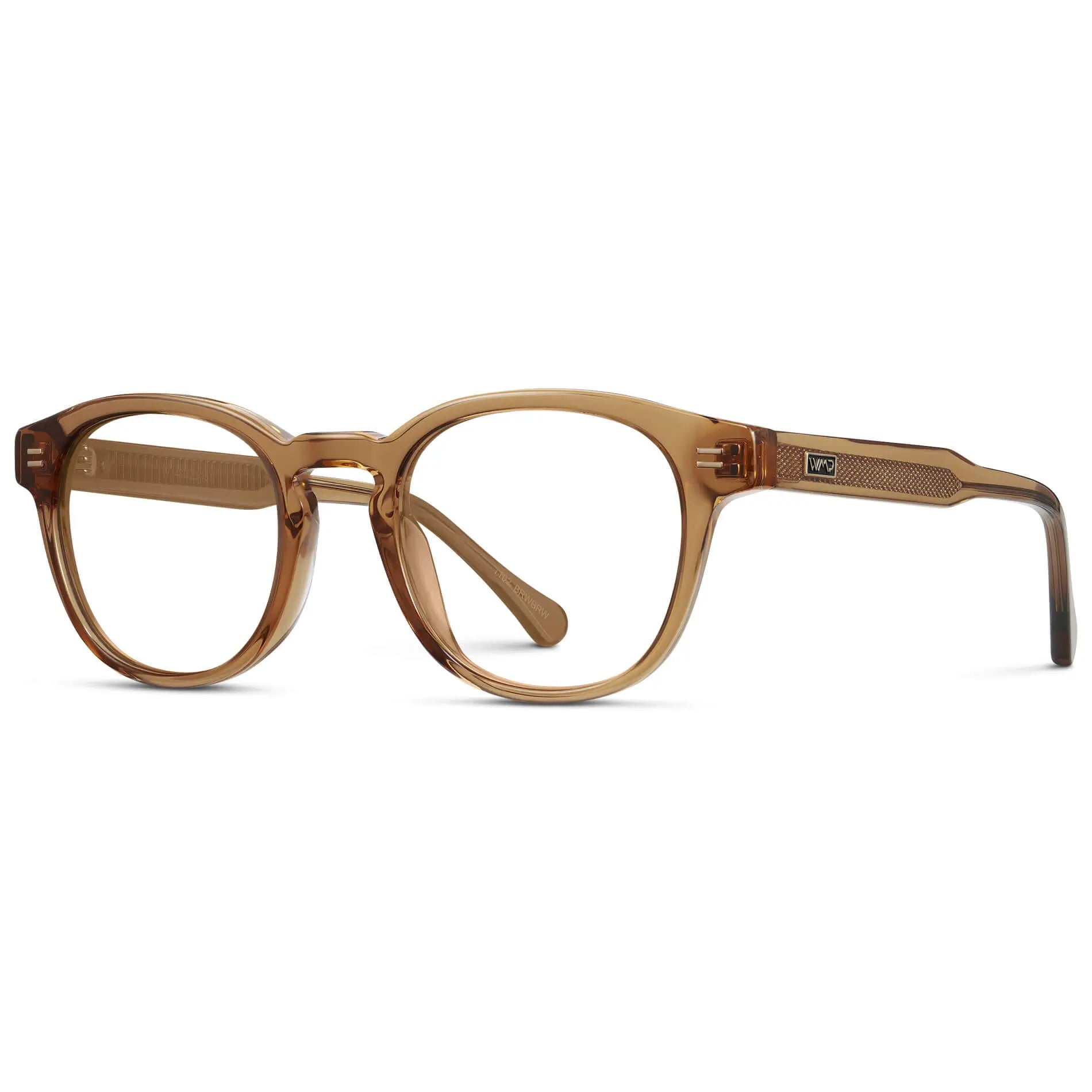 Crystal Brown || Side view of Men's Retro-Inspired Round Prescription Eyeglasses with Crystal Brown Acetate Frame and Clear Lenses on a white background
